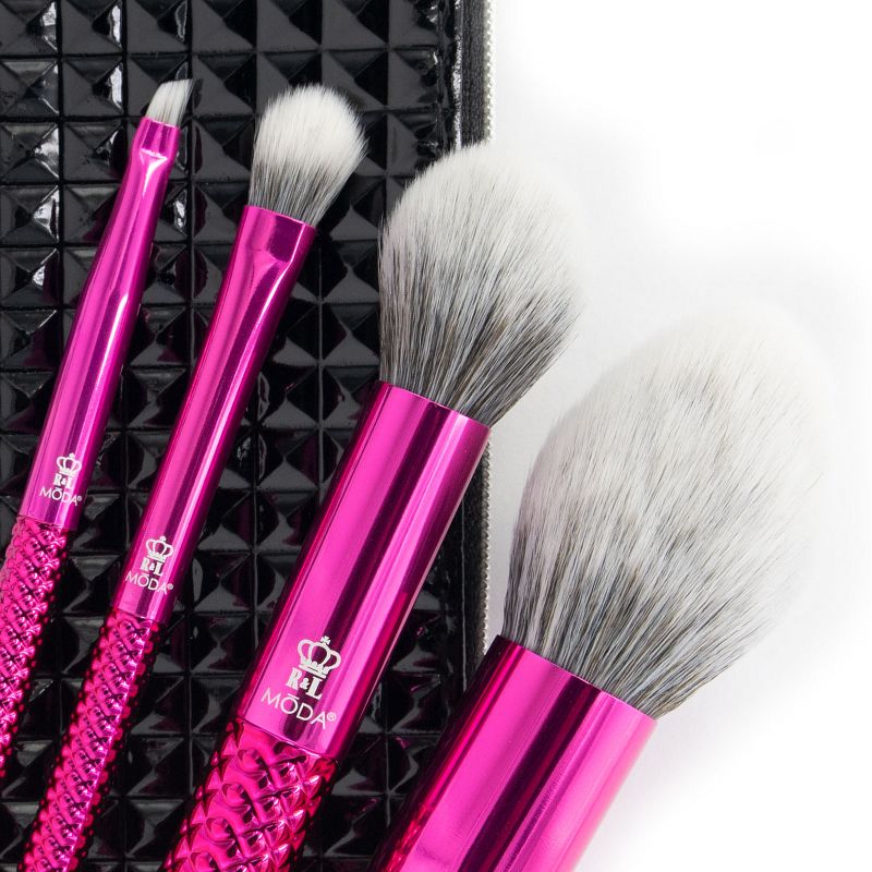 MODA Brush Metallics 5pc Picture Perfect Pink Makeup Brush Set with Black Studded Zip Case, Includes - Blush, Contour, Shader and Angle Liner Brushes