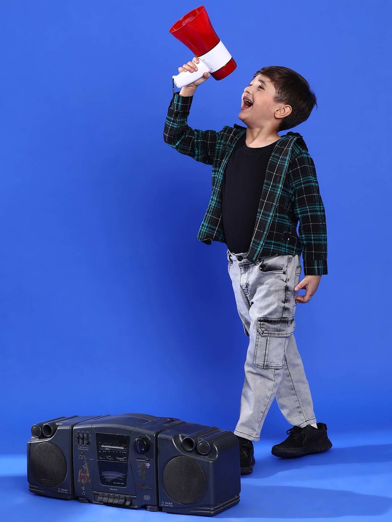 Tales & Stories Kids Grey & Green Chequered Full Sleeves Shirt