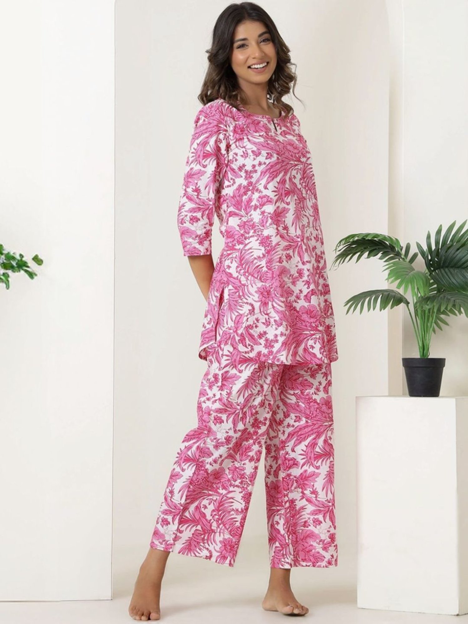 Autumnlane Freya Pink Forest Cotton Tunic with Pant Co-ord Set