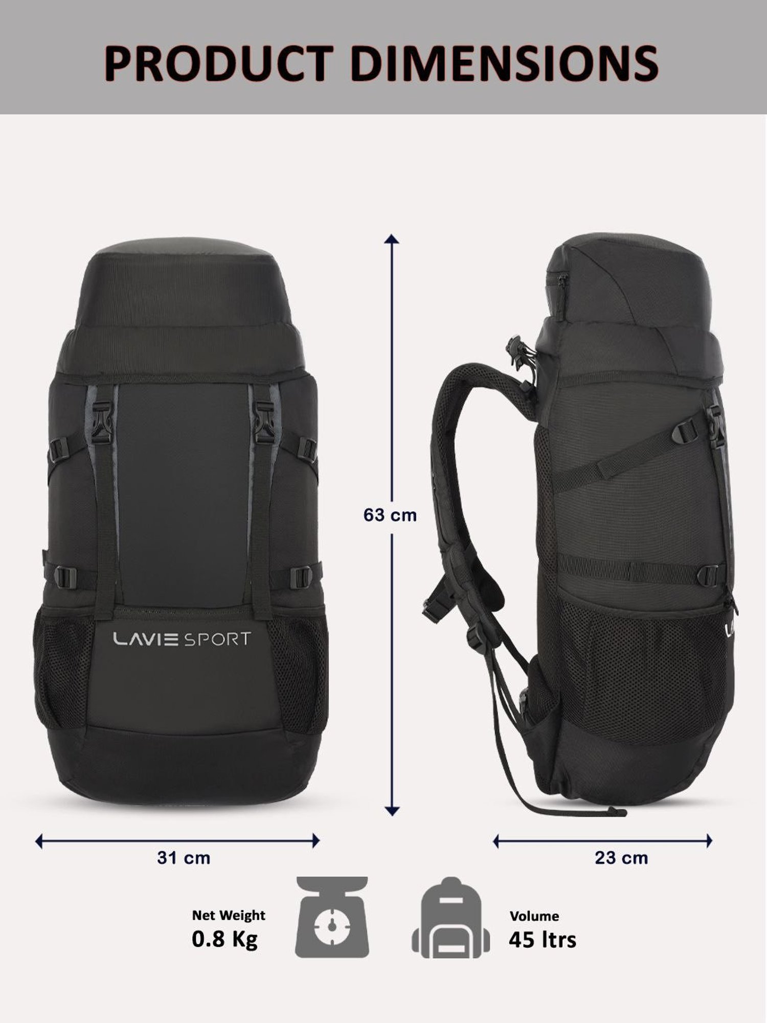 Lavie Sport Black Polyester Solid Rucksack - 45 Ltrs