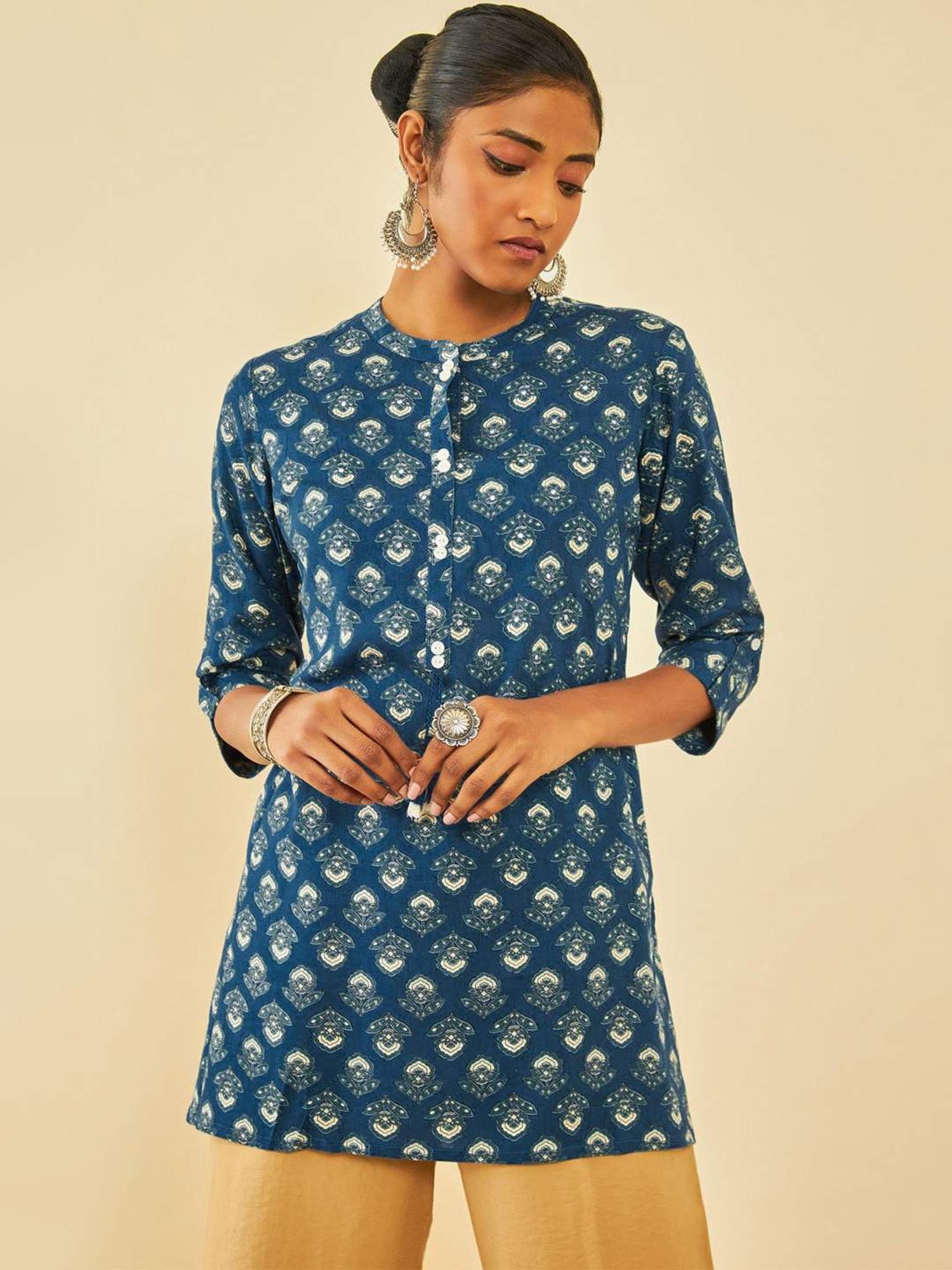 Soch Blue Rayon Floral Printed Tunic With Faux Mirror
