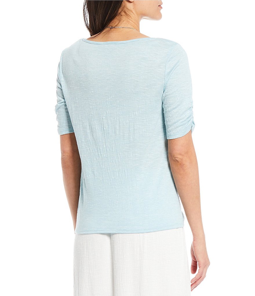 I.N. Studio Pucker Knit Ruched Short Sleeve Knot Front Detail Necklace Top