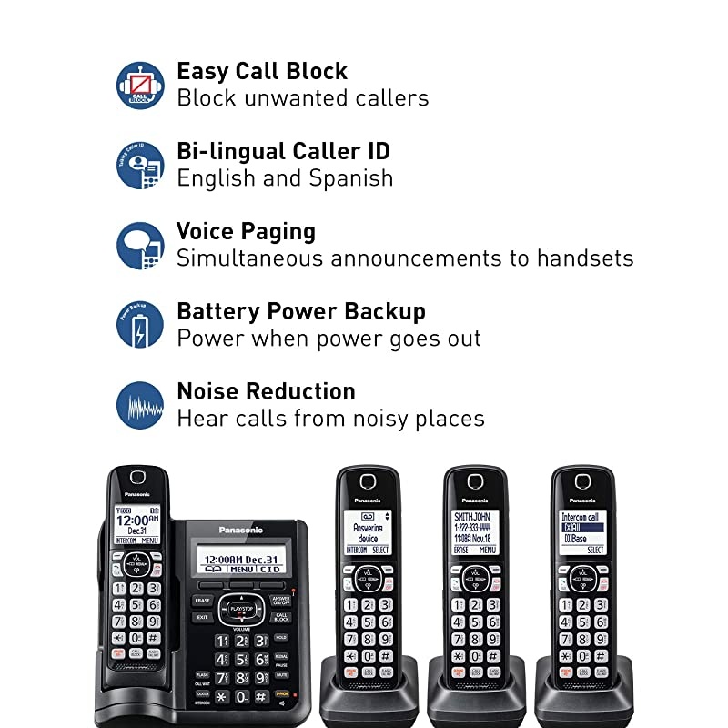 Cordless Phone System with Answering Machine, One-Touch Call Block, Enhanced Noise Reduction, Talking Caller ID and Intercom Voice Paging - 4 Handsets - KX-TGF544B (Black)