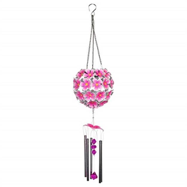 exhart solar pink hydrangea metal flower ball wind chimes w/ 32 led lights  hanging hydrangea garden chimes, metal hydrangea wind chimes, solar hydrangeas outdoor lights, 6.3" l x 6.3" w x 27.2" h