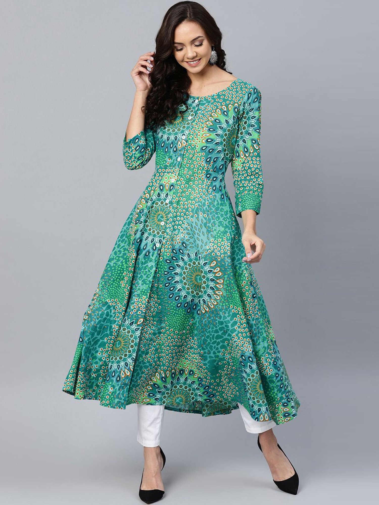 Jompers Green Cotton Floral Print Flared Kurta
