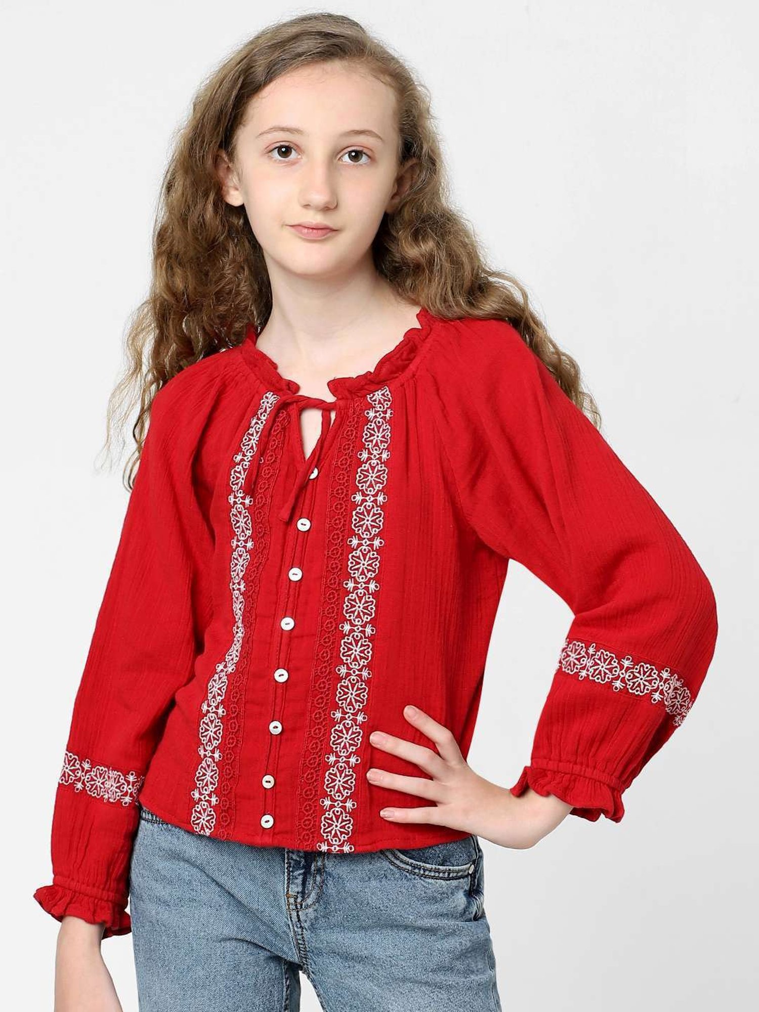 KIDS ONLY Red & White Cotton Embroidered Full Sleeves Top