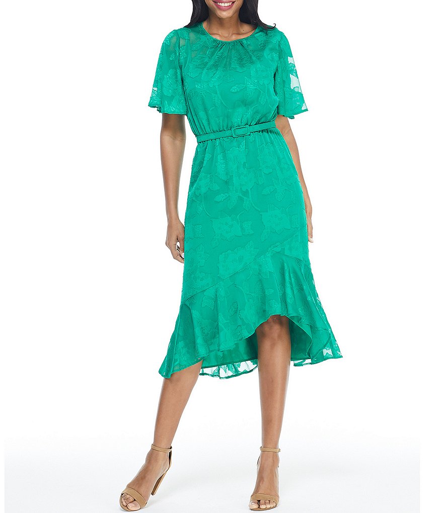 Maggy London Petite Size Tonal Floral Flutter Sleeve Ruffled Hi-Low Hem A-Line Midi Dress