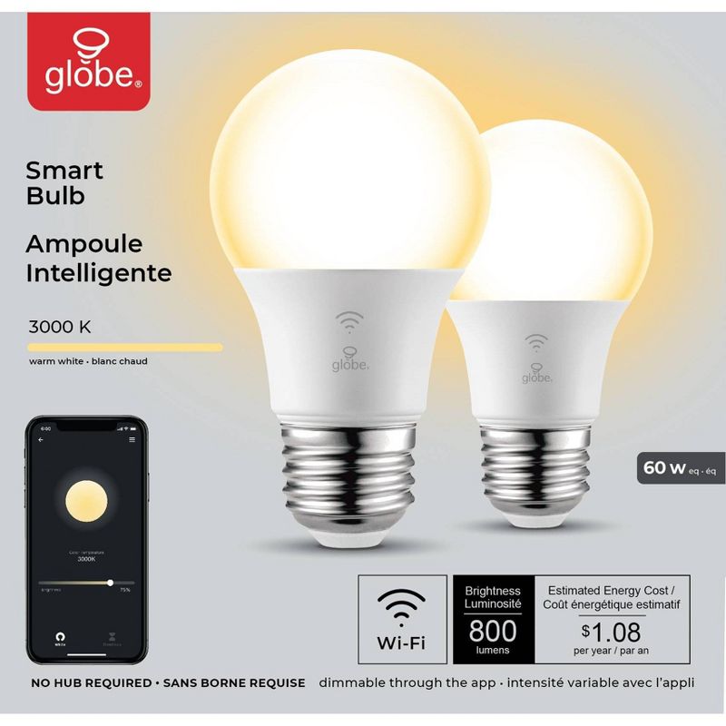 Smart 2pk 60W Equivalent Soft White LED Wi-Fi Enabled Voice Activated A19 E26 Frosted Light Bulb