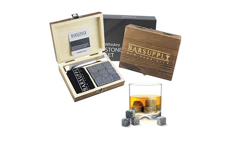 Bar Supply Whiskey Stones Gift Set, 12-Piece Set: 9 Granite Chilling Whiskey Rocks, Stainless Steel Tongs, Velvet Pouch, Wooden Gift Box Set, Reusable Ice Cubes for Whiskey, Scotch, Wine