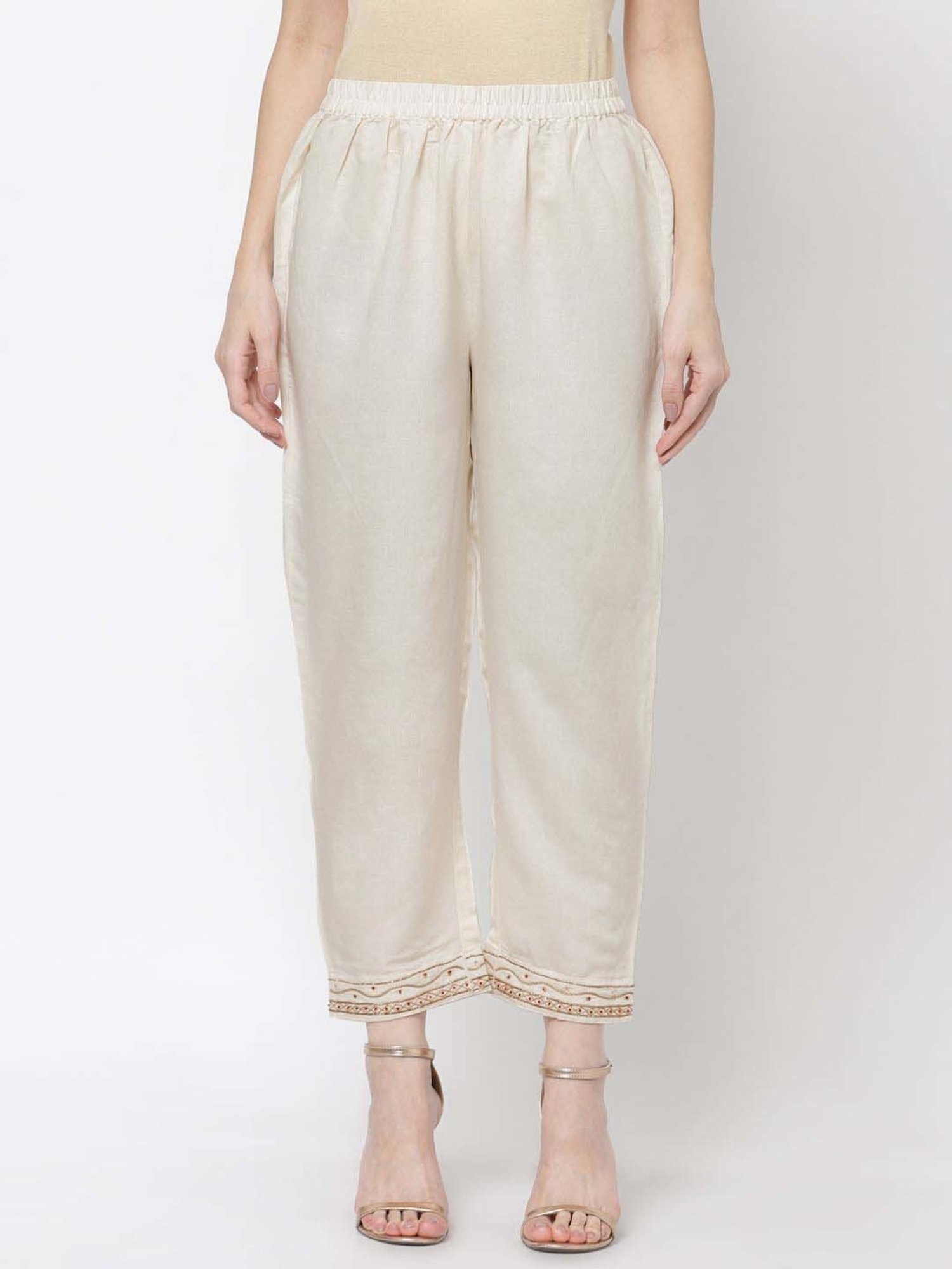 DART STUDIO White Linen Regular Fit Palazzos