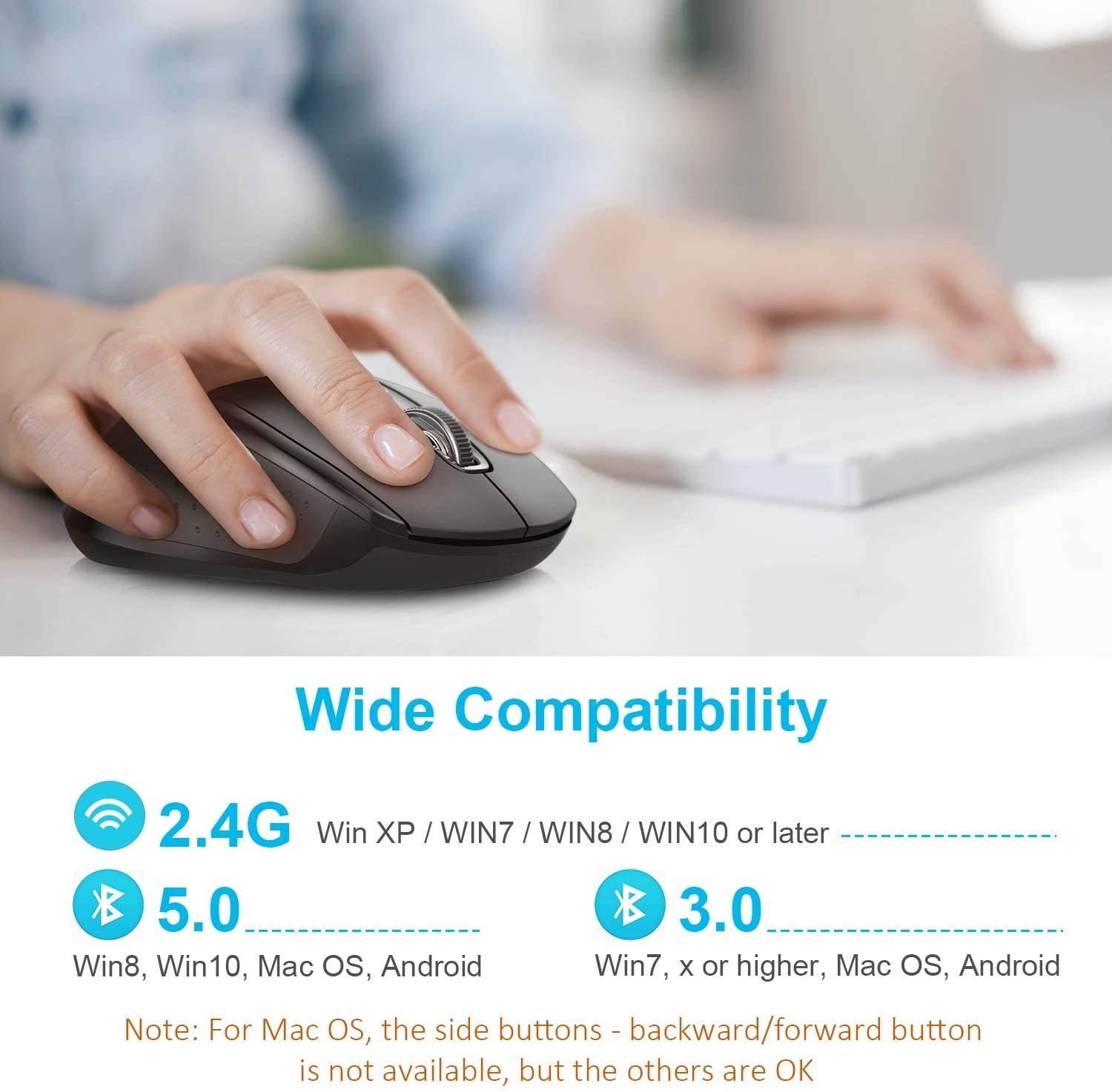 Bluetooth Wireless Mouse, TeckNet 3 Modes Bluetooth 5.0 & 3.0 Mouse 2.4G Wireless Portable Optical Mouse with USB Nano Receiver, 2400 DPI for Laptop, MacBook, PC, Windows, Android, OS System (Black)