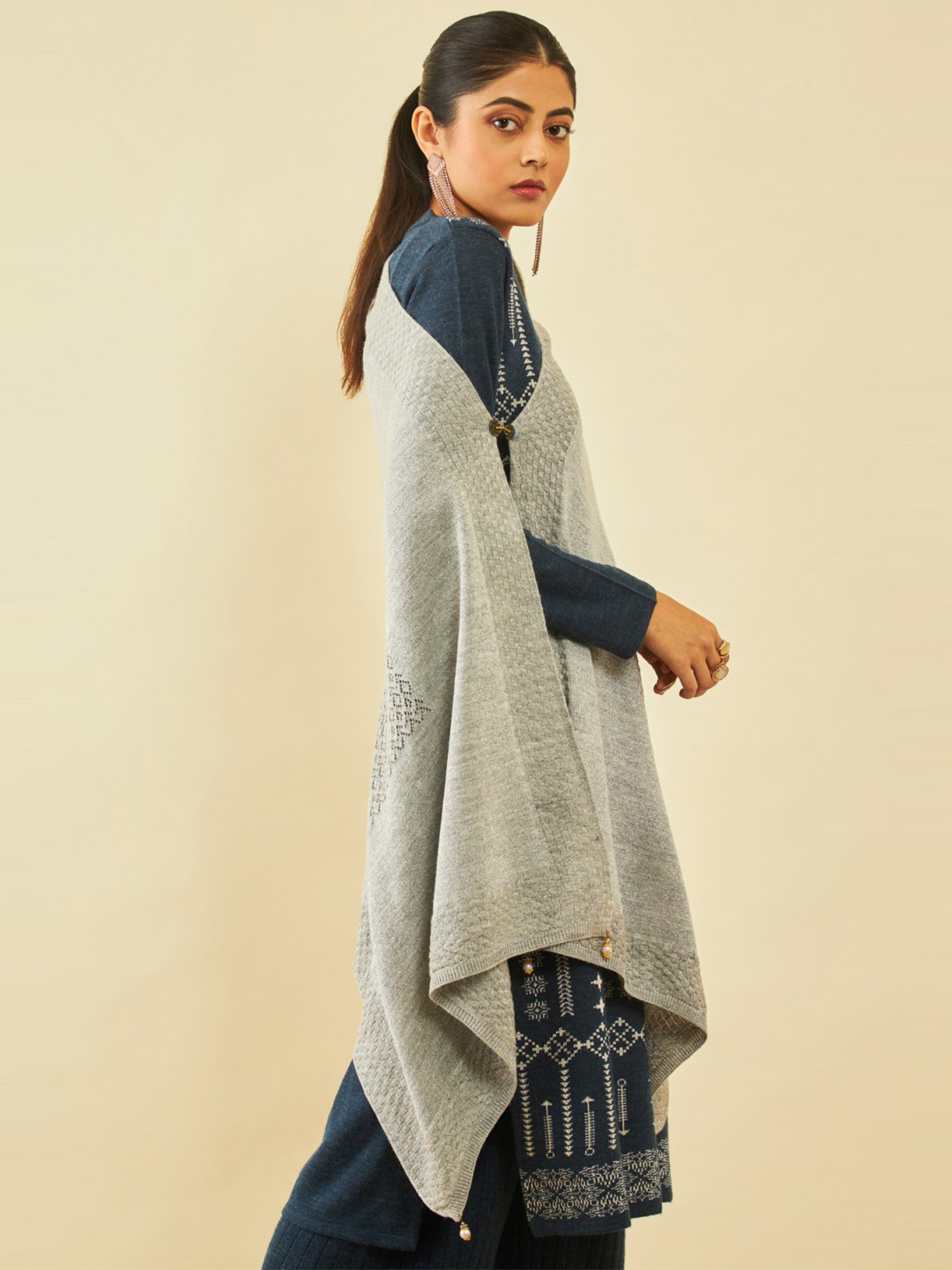 Soch Grey Acrylic Shimmery Pointelle Knit Shawl with Beaded Tassels