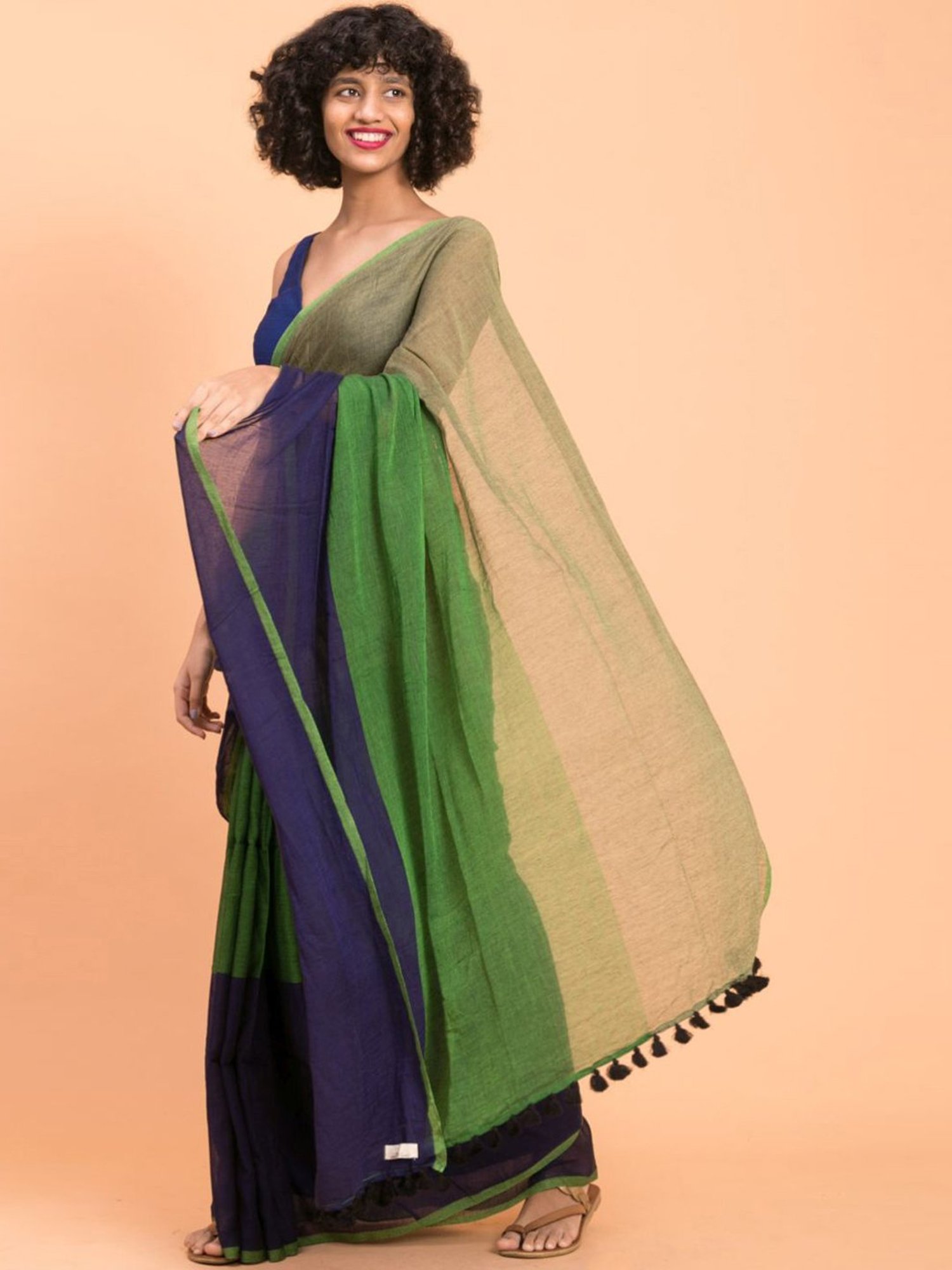 Suta Blue & Green Cotton Saree Without Blouse