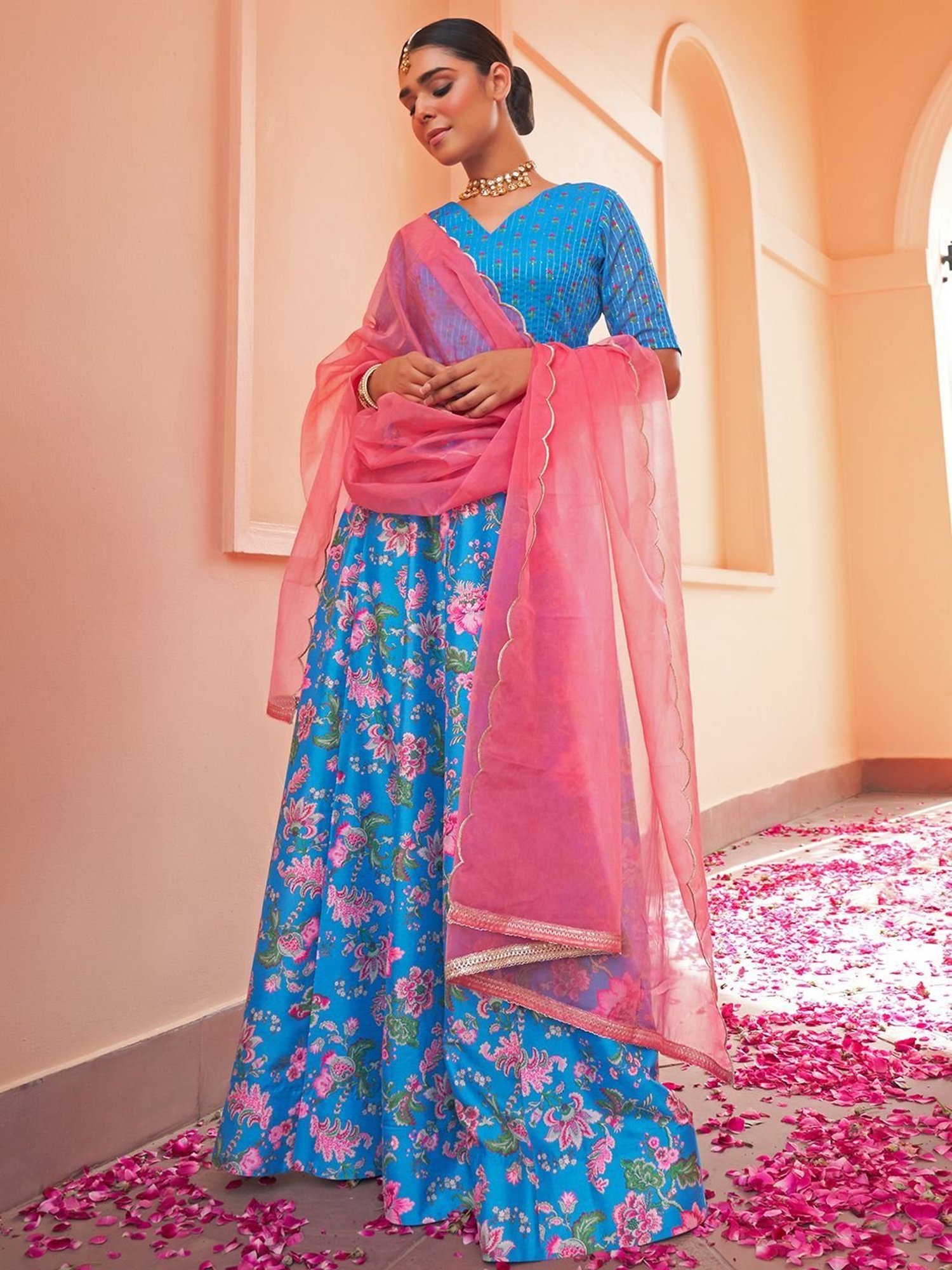 Janasya Blue & Pink Floral Printed Lehenga Choli Set With Dupatta