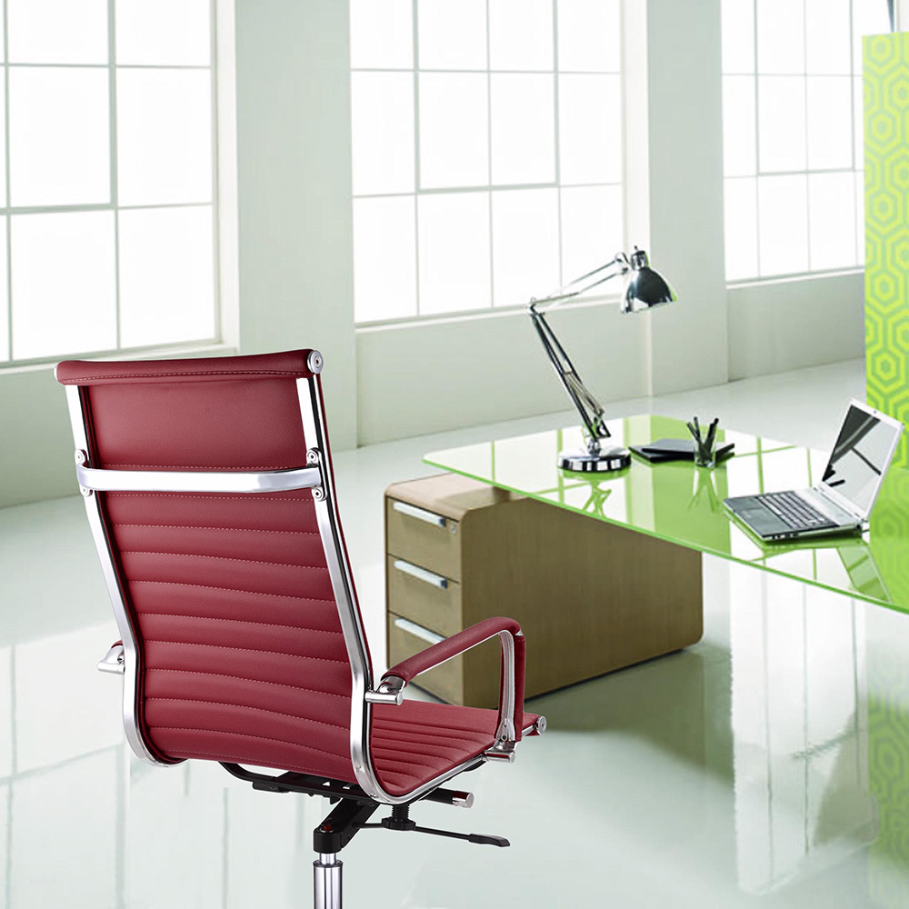High Back Ribbed PU Leather Office Chair Executive Computer Desk Contemporary Red