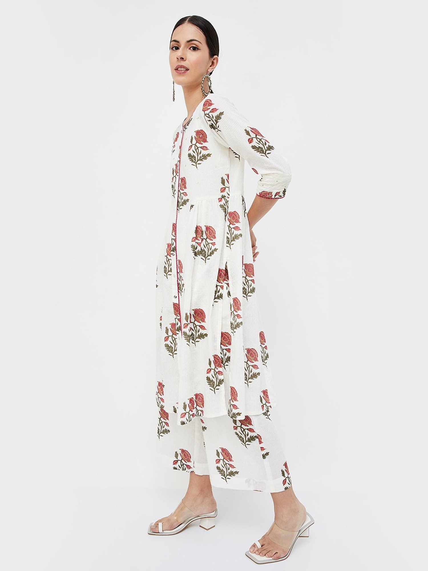 Melange by Lifestyle Off White Floral Print Kurta With Palazzos