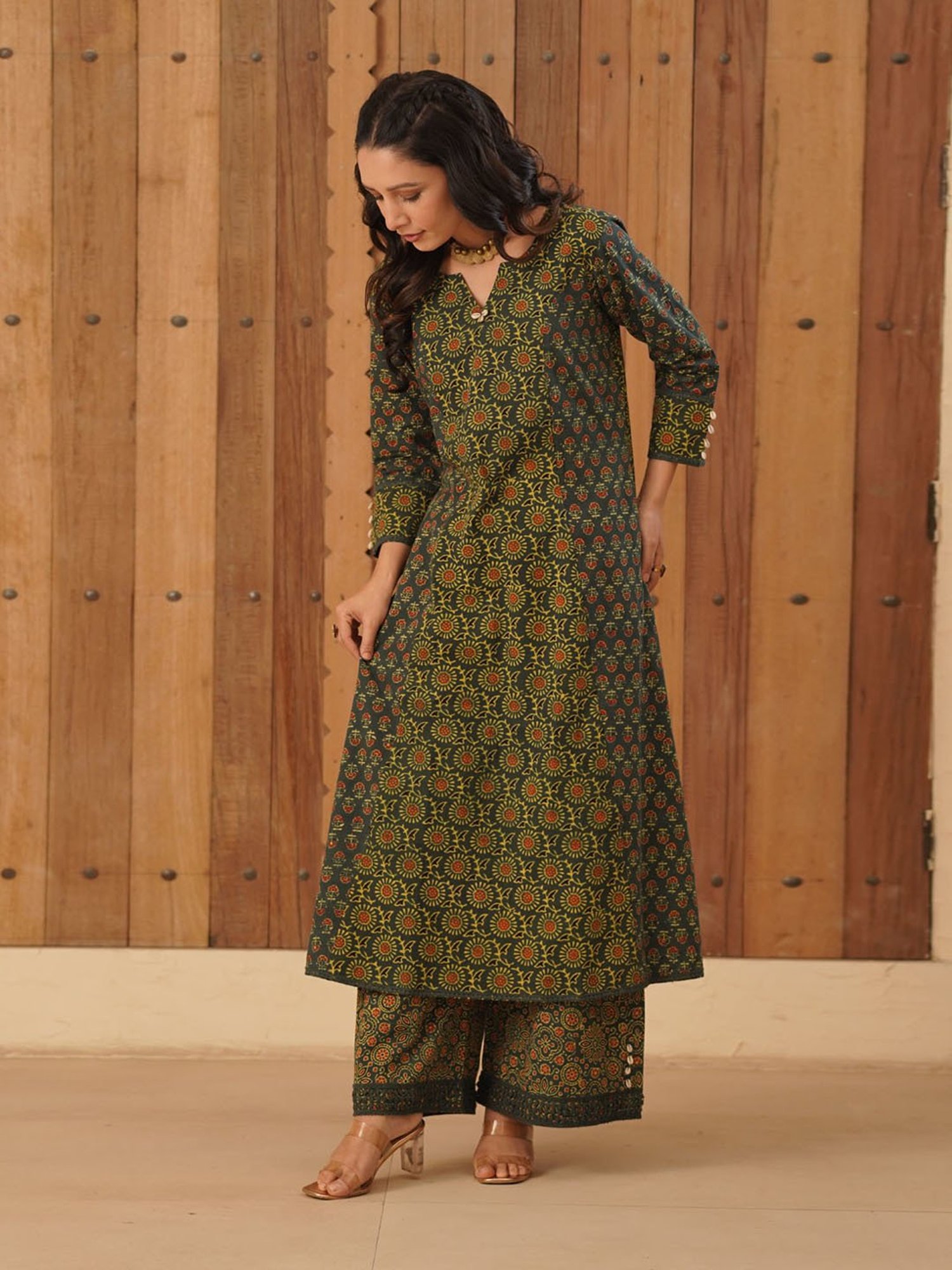Love Chic Ajrakh A-Line Cotton Long Kurta with cowrie shells