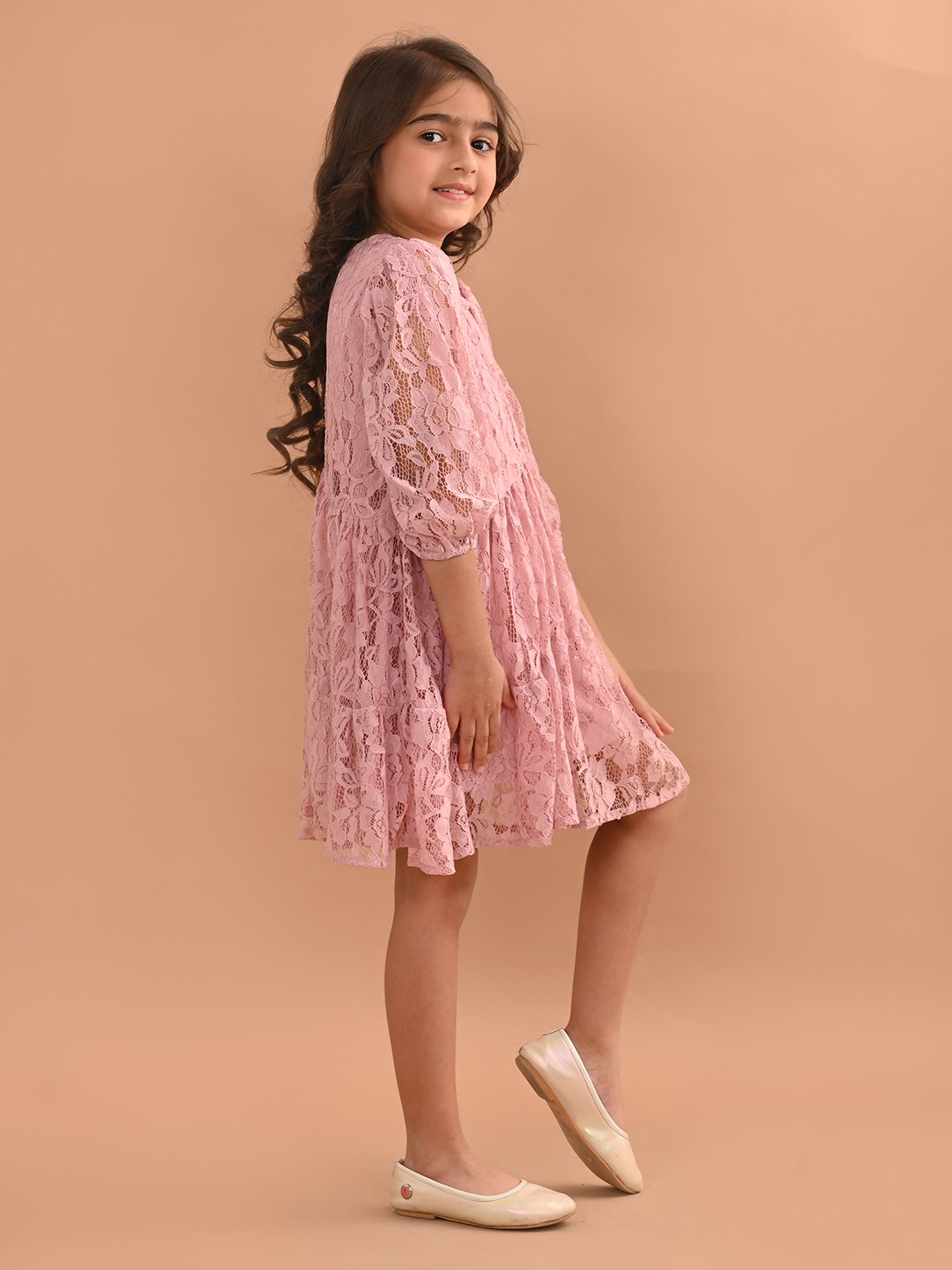 LilPicks Kids Pink Lace Asymmetric Dress