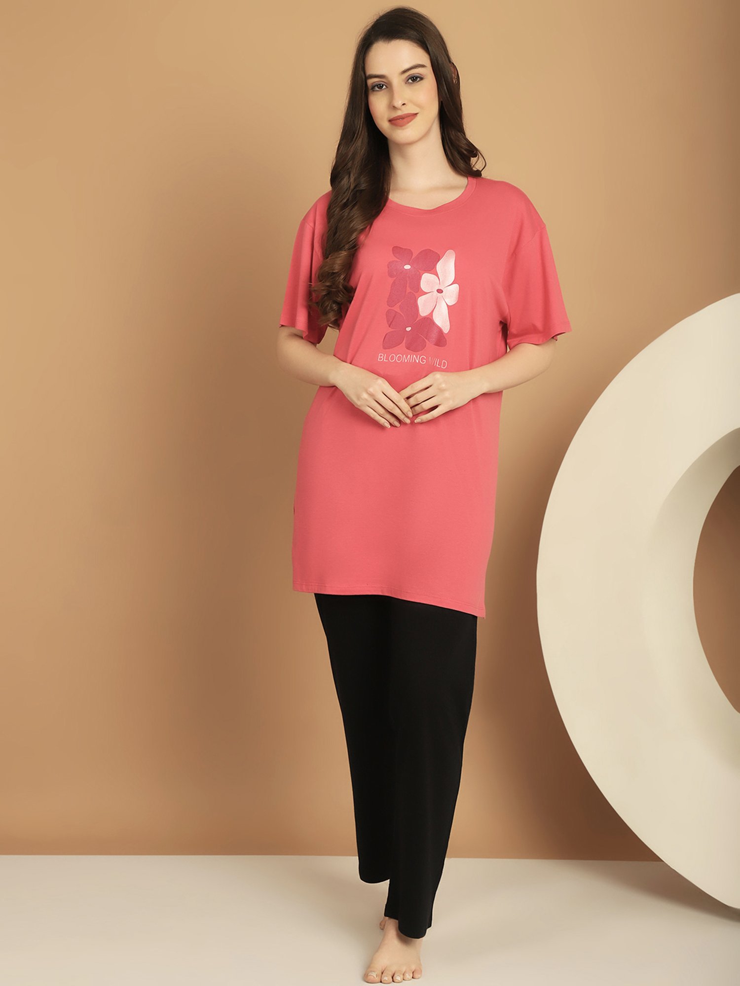 Kanvin Pink & Black Cotton Printed Tunic Pyjamas Set