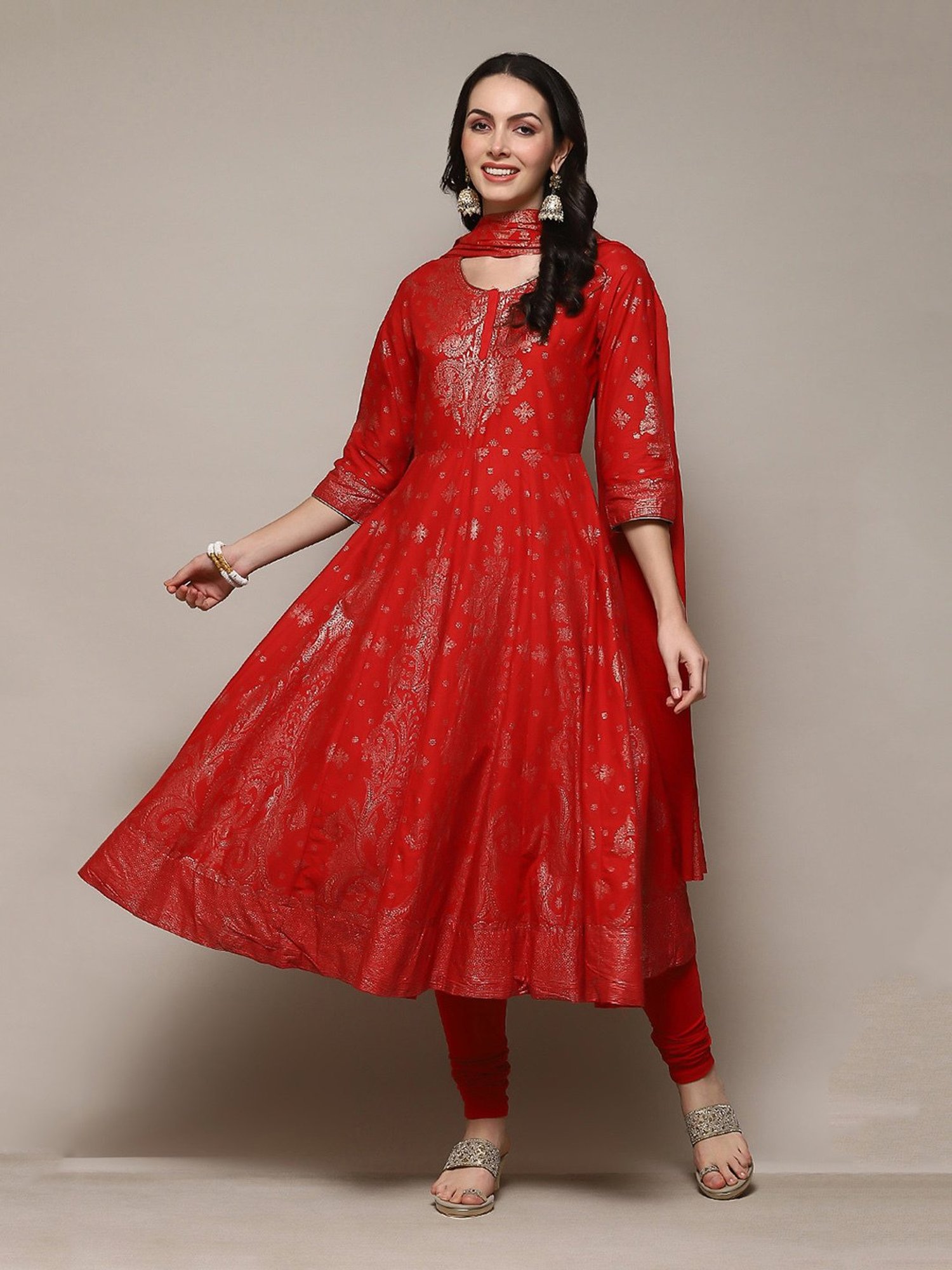 Biba Red Cotton Printed Anarkali Kurta With Churidar & Dupatta