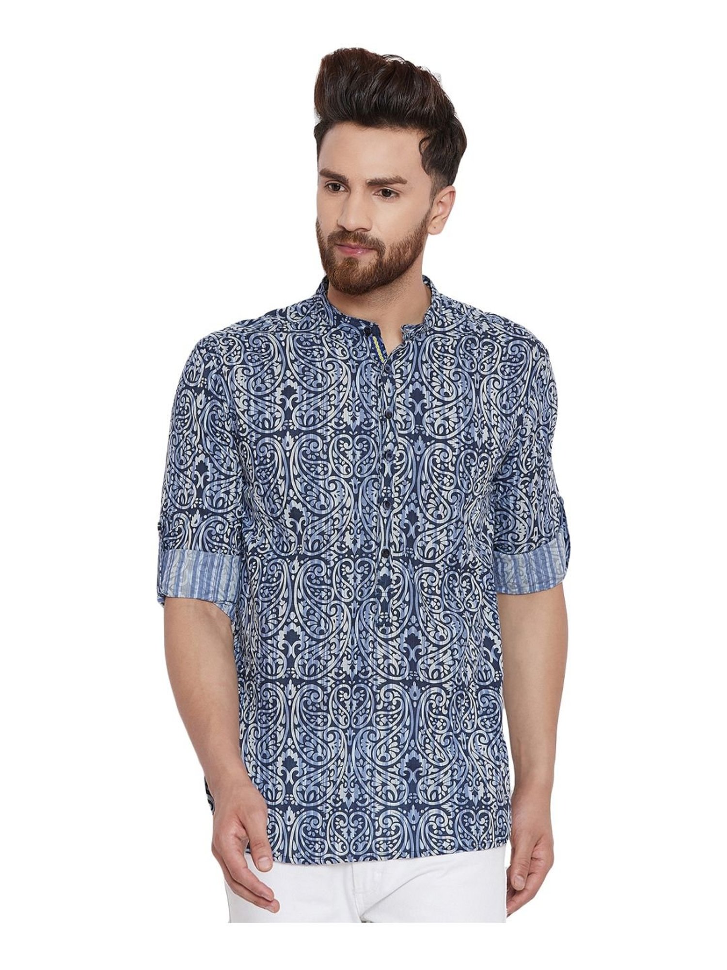 Even Blue Cotton Regular Fit Paisley Short Kurta