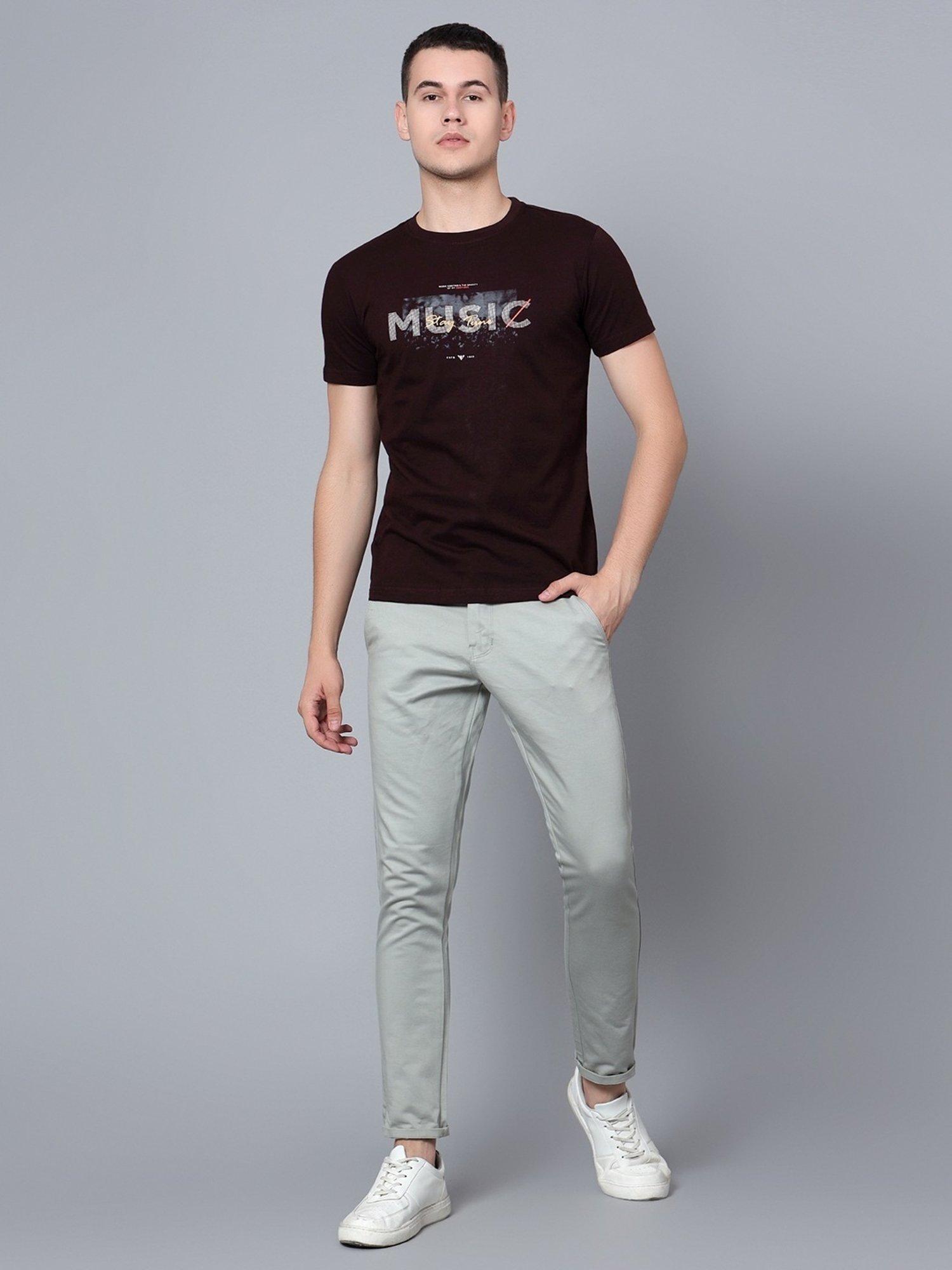 Cantabil Wine Cotton Regular Fit Printed T-Shirt