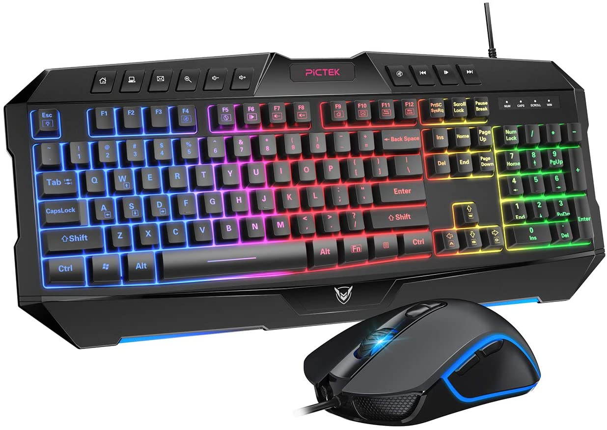 PICTEK Backlit Keyboard and Mouse Combo, LED Wired Gaming Keyboard, Ergonomic Keyboard, Wrist Rest Keyboard with Efficient Multimedia Keys, Programmable Gaming Mouse for Mac, PC, Sega Game Gear Games