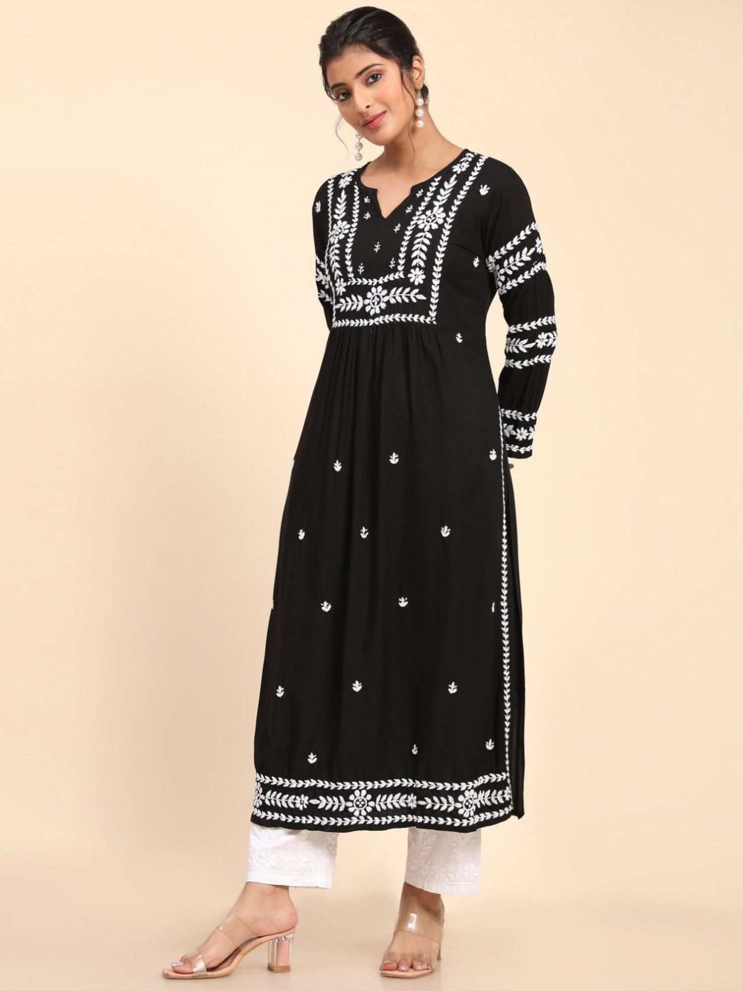 House Of Kari HOK chikankari Long Kurta in Rayon Cotton for Women-Black