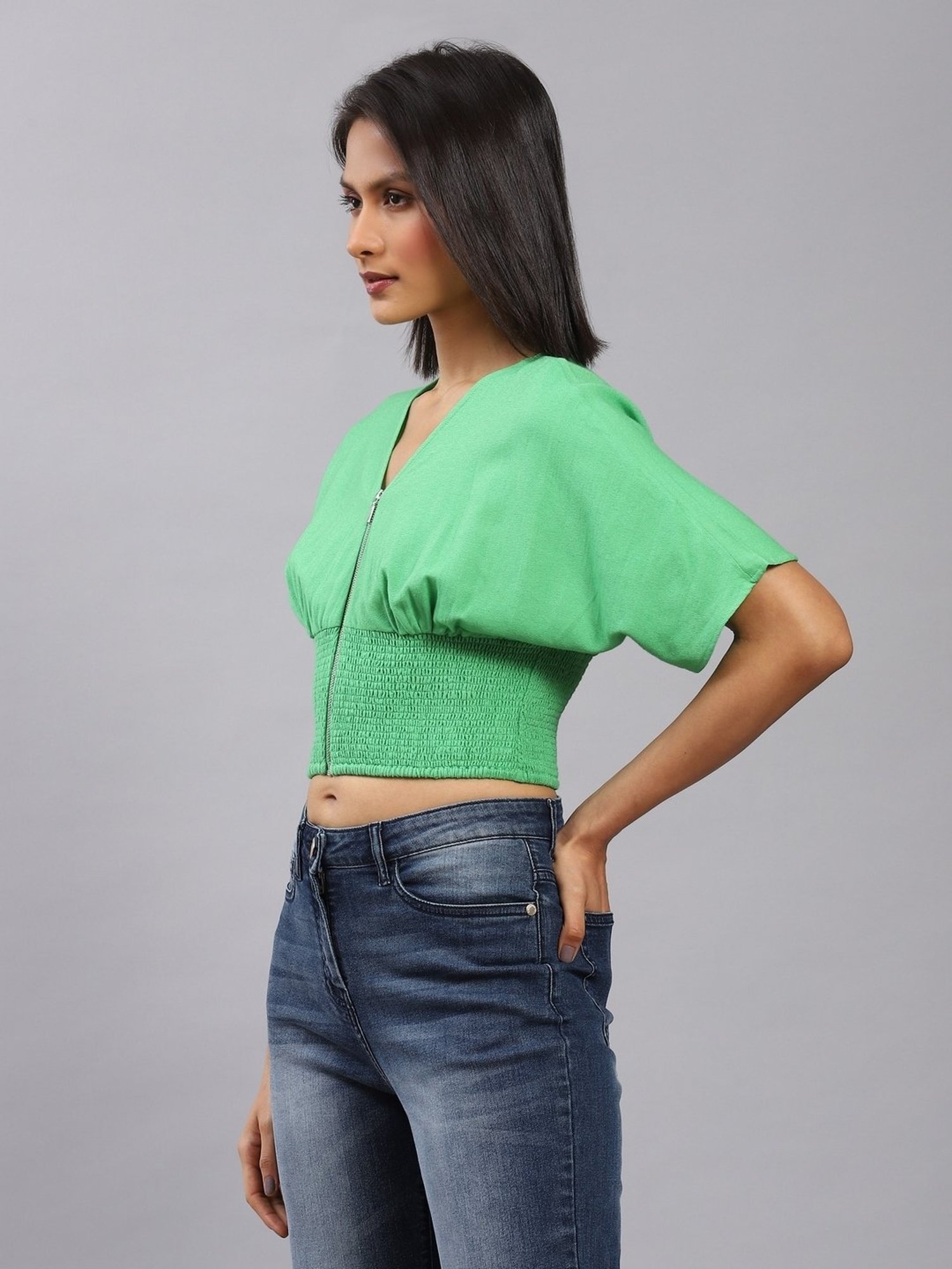 Label Ritu Kumar Green Cotton Blend Solid Cropped Zipper Top