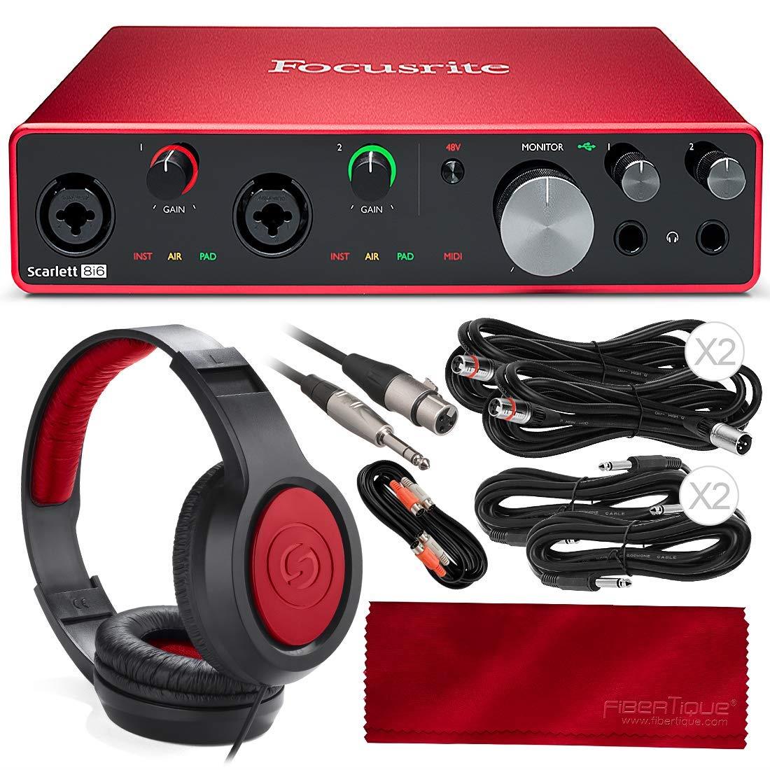 Focusrite Scarlett 8i6 8-in 6-out USB Audio Interface + Samson SR360 Over-Ear Dynamic Stereo Headphones, Cables, and Fibertique Microfiber Cleaning Cloth