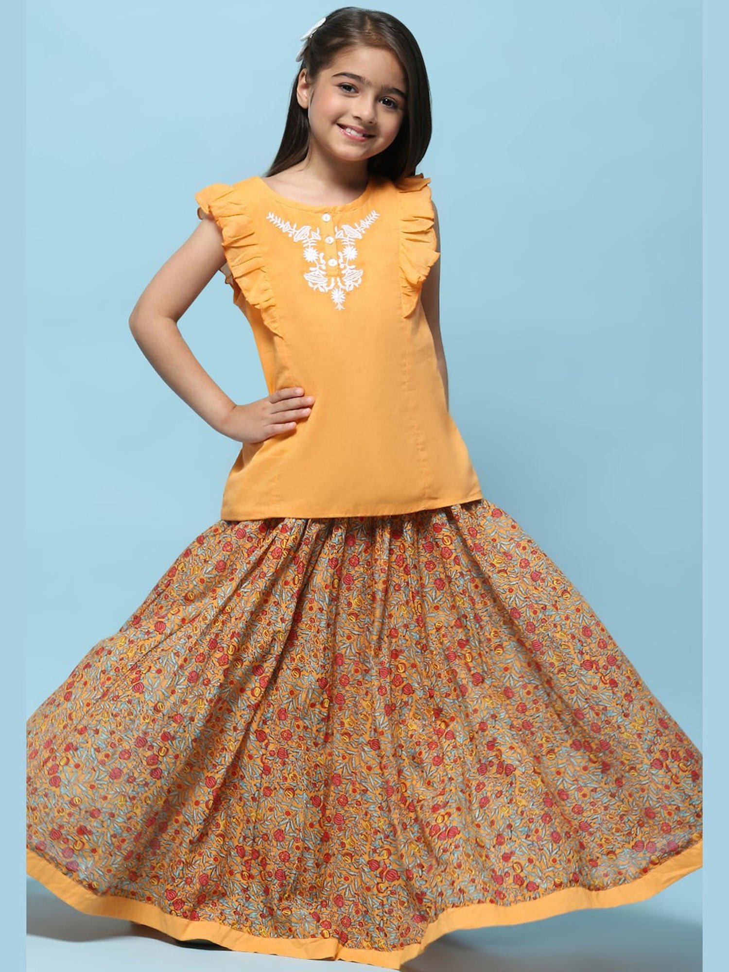 Biba Girls Orange Cotton Embroidered Casual Top and Tees