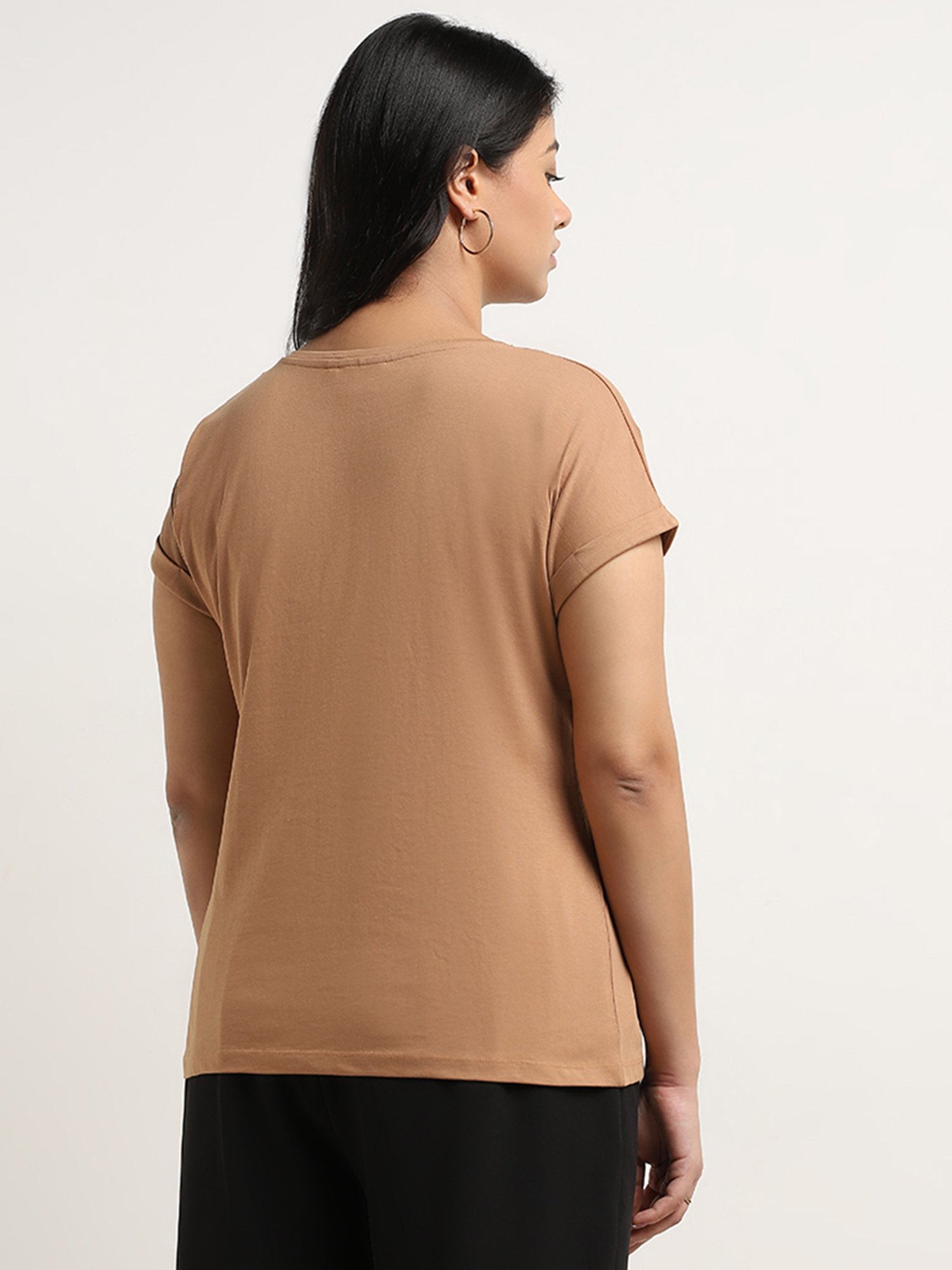 Gia by Westside Light Brown Leaf Design Cotton T-Shirt
