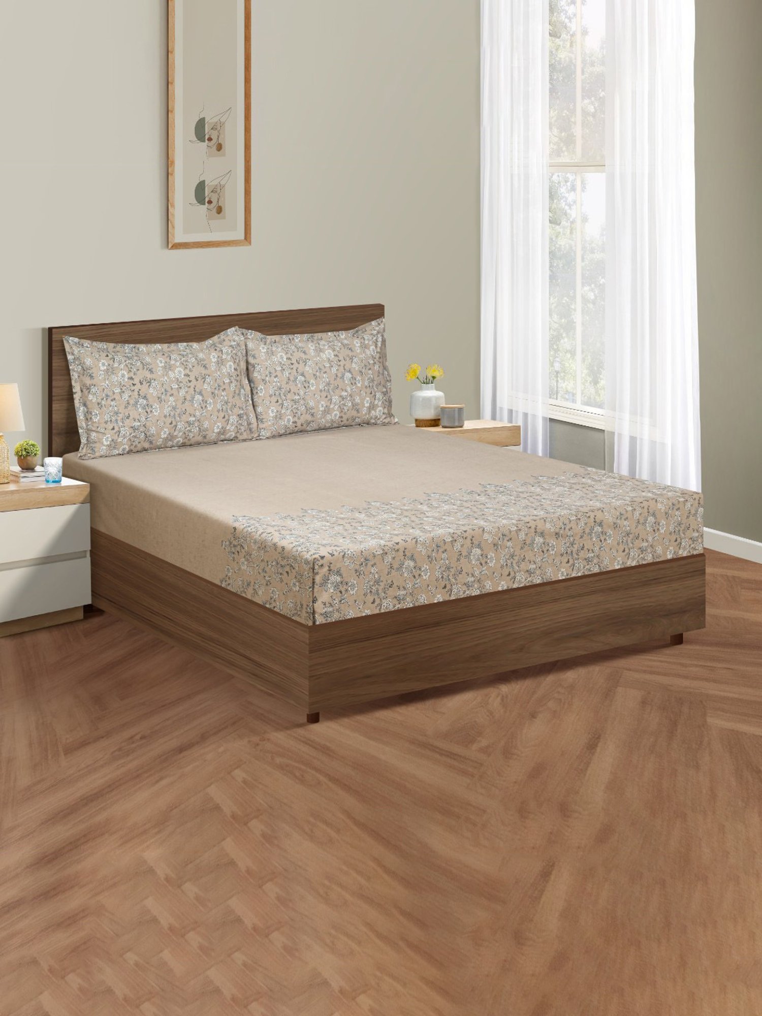 Swayam Floral Beige & Grey  160 TC Cotton Double Bedding set