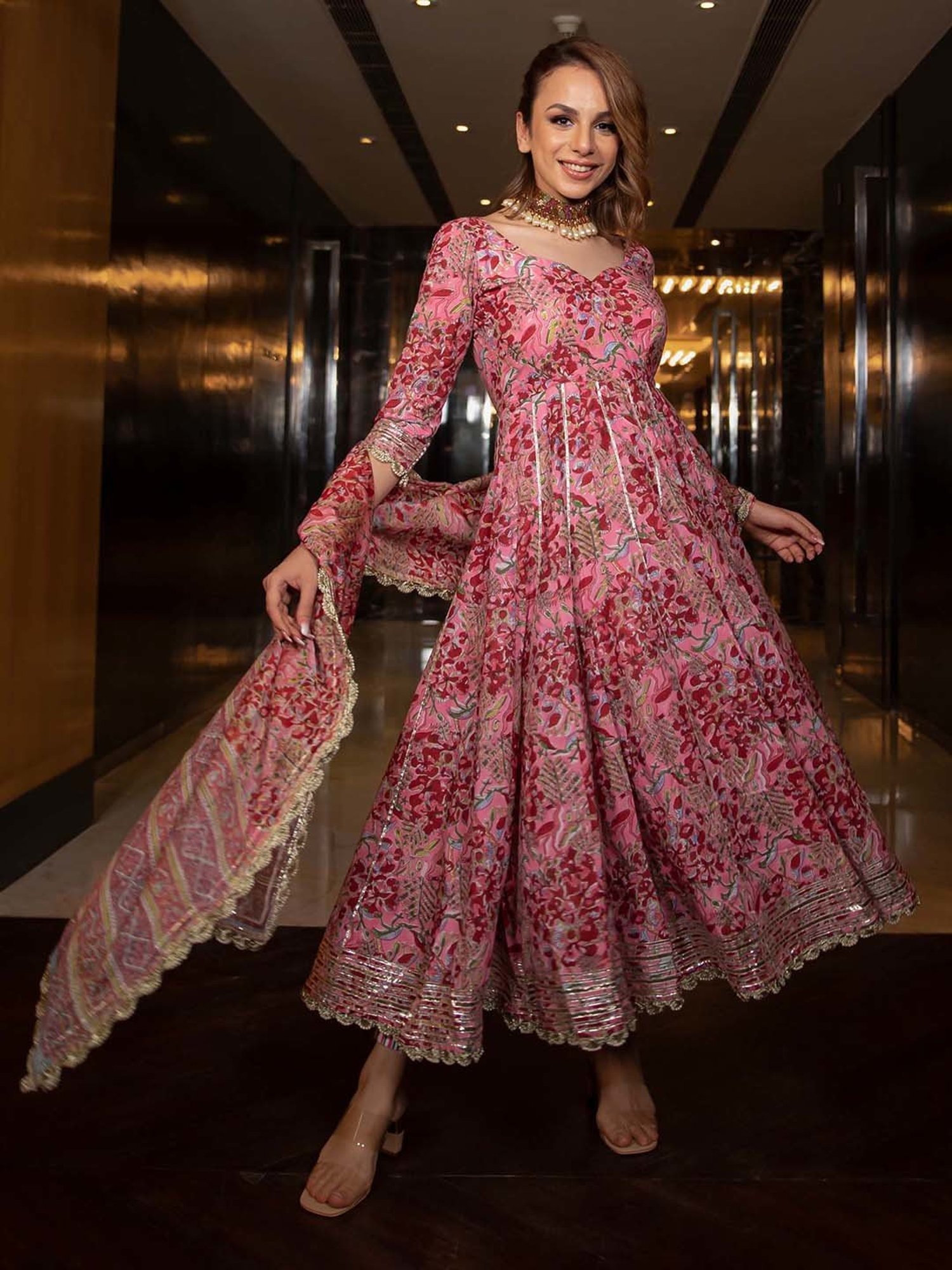 AACHHO Pink Poetic Bloom Handblock Gota Suit Set