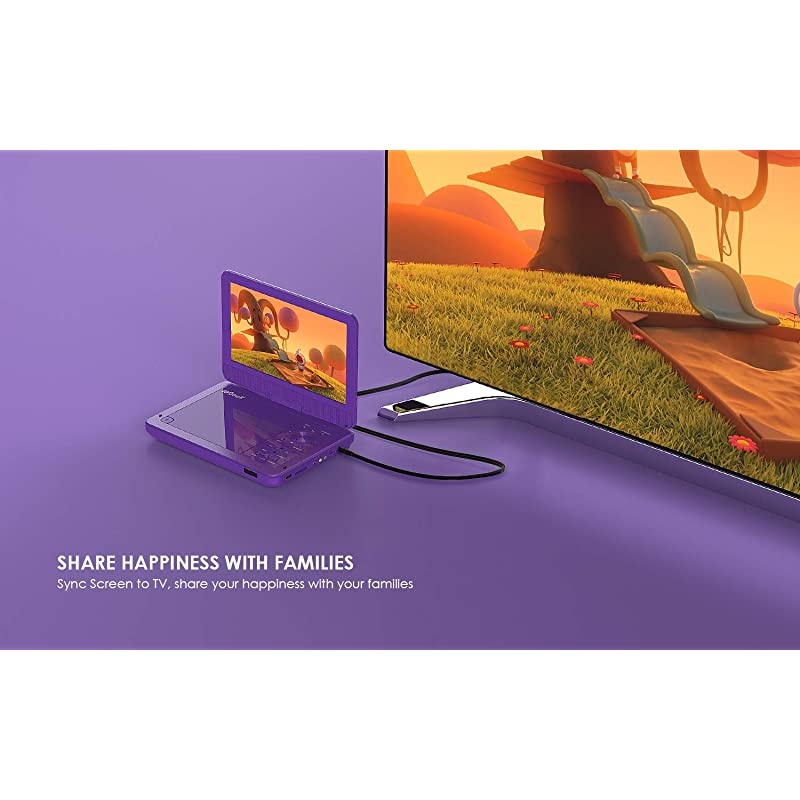Portable DVD Player 12.5", with 10.1" HD Swivel Screen, Car Travel DVD Players 5 Hrs Rechargeable Battery, Region-Free Video Player for Kids Elderly, Remote Control, Sync TV, USB&SD, Purple