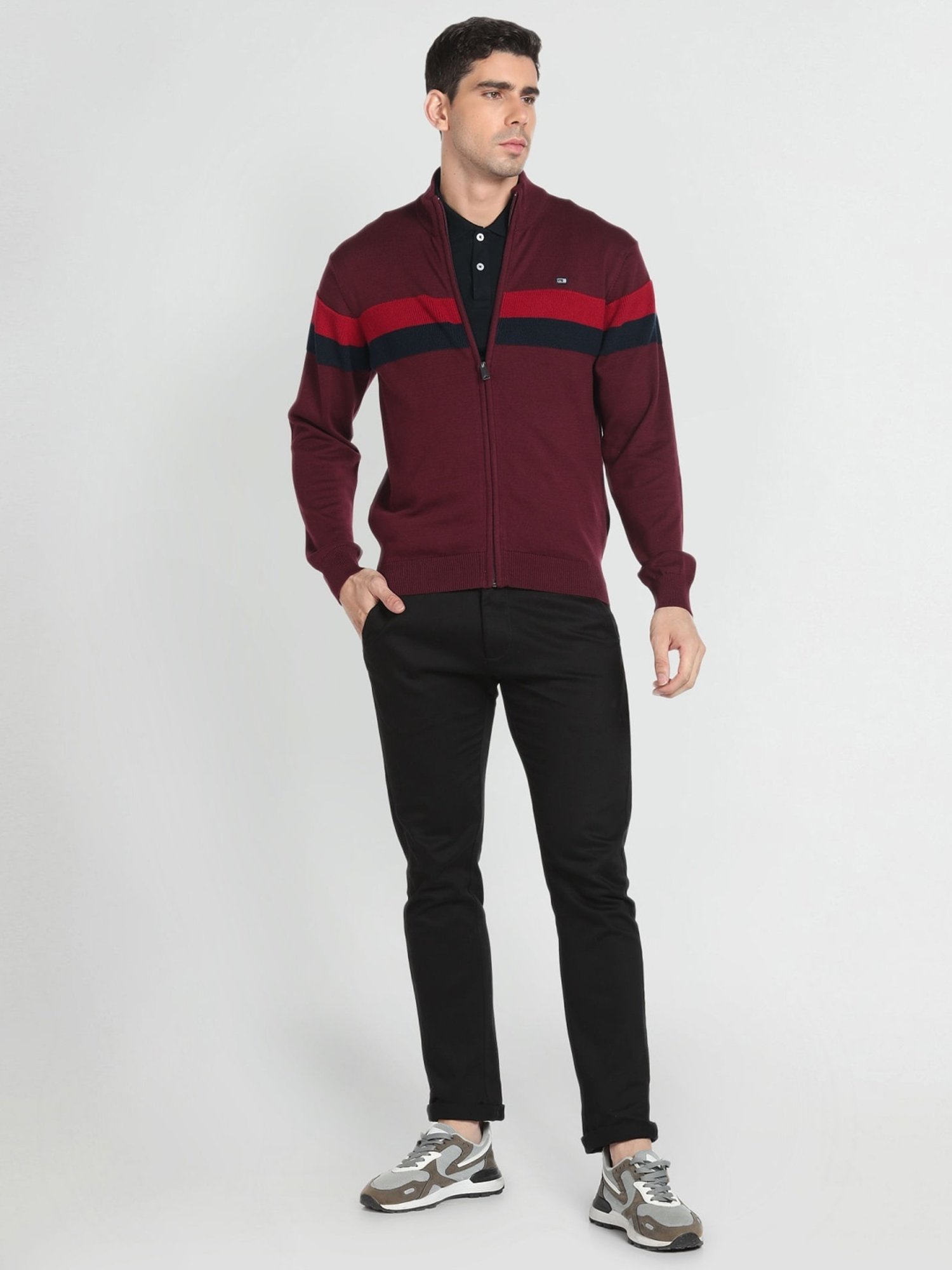 Arrow Sport Dark Red Cotton Regular Fit Striped Sweater