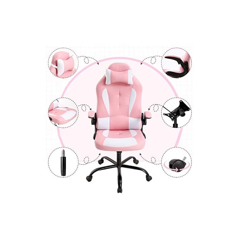 Chair Office Chair Desk Chair with Lumbar Support Flip Up Arms Headrest Swivel Rolling Adjustable PU Leather Racing Computer Chair for Girls,Pink