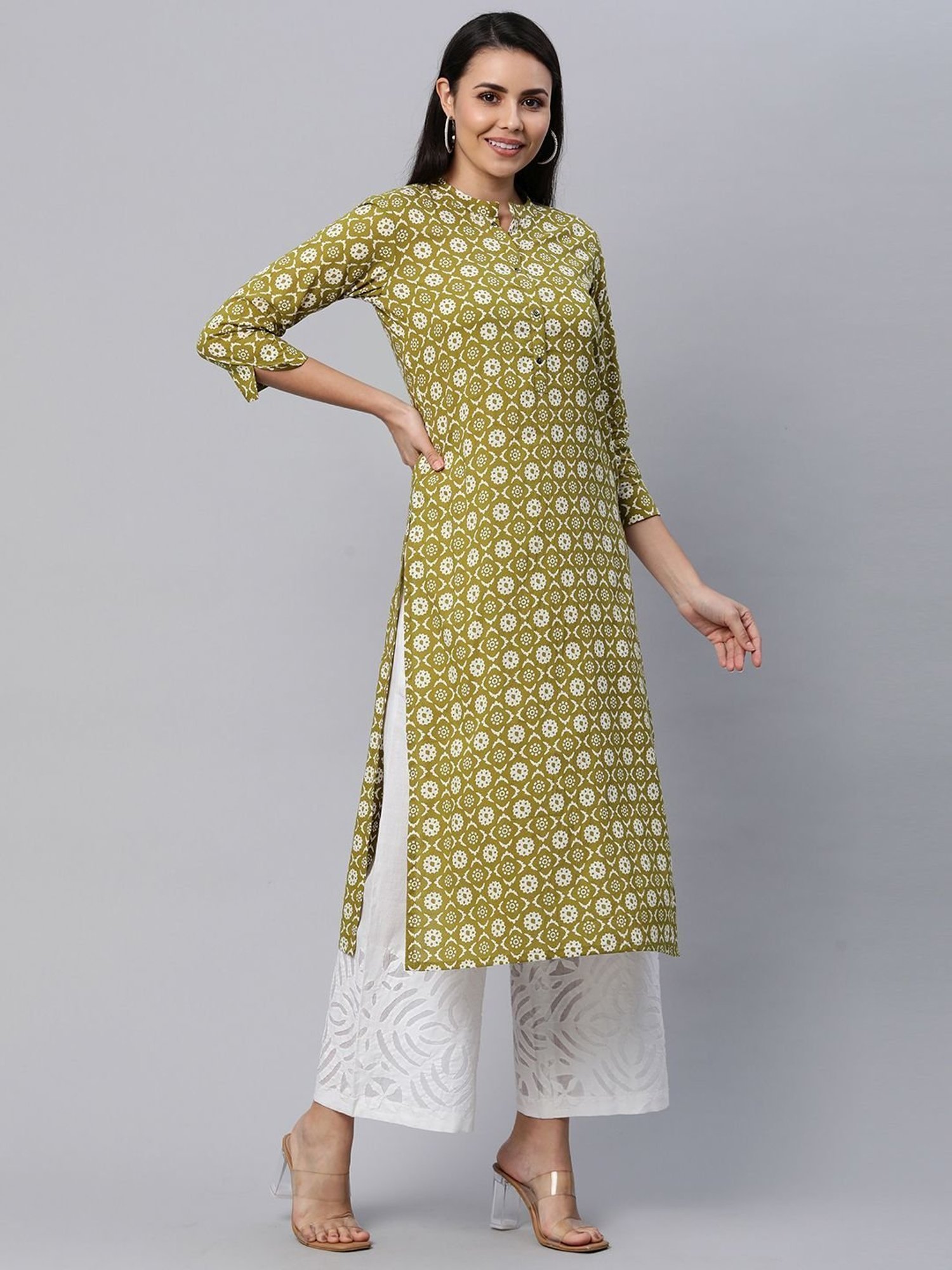 Kami Kubi Green Cotton Printed Straight Kurta