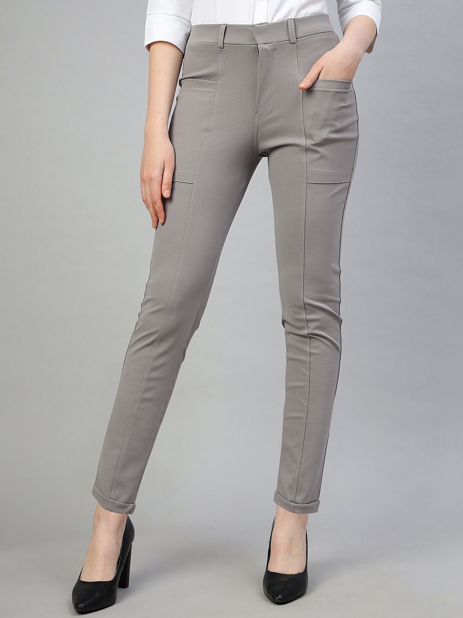 FITHUB Light Grey Slim Fit Mid Rise Trousers