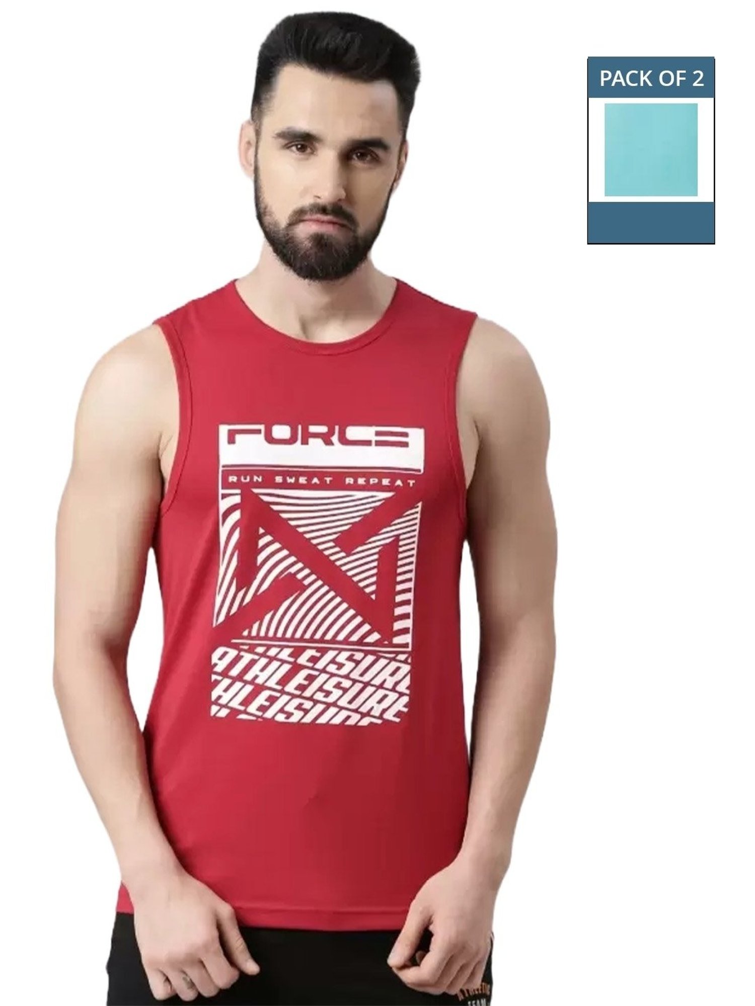 Force NXT Cherry Red & Green Cotton Regular Fit Printed Vest - Pack Of 2