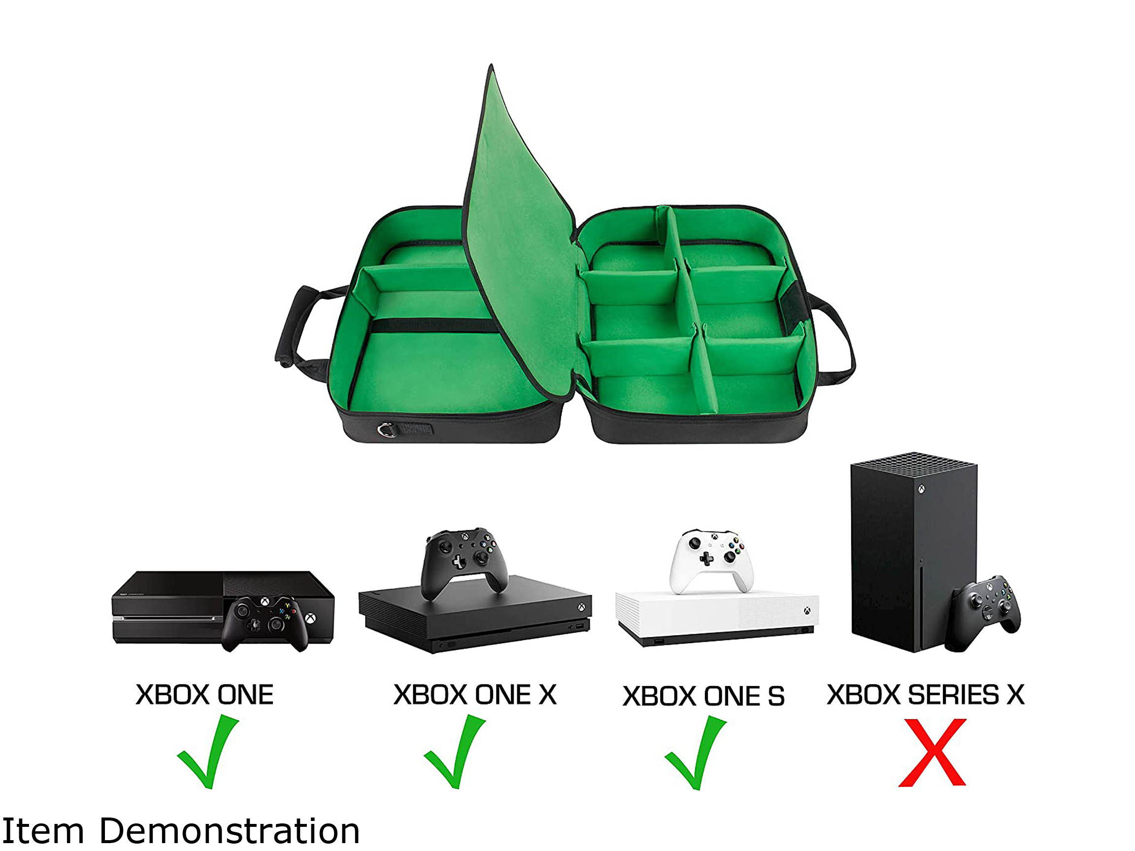 USA GEAR Console Carrying Case - Xbox Travel Bag Compatible with Xbox One and Xbox 360 with Water Resistant Exterior and Accessory Storage for Xbox Controllers, Cables, Gaming Headsets - Green