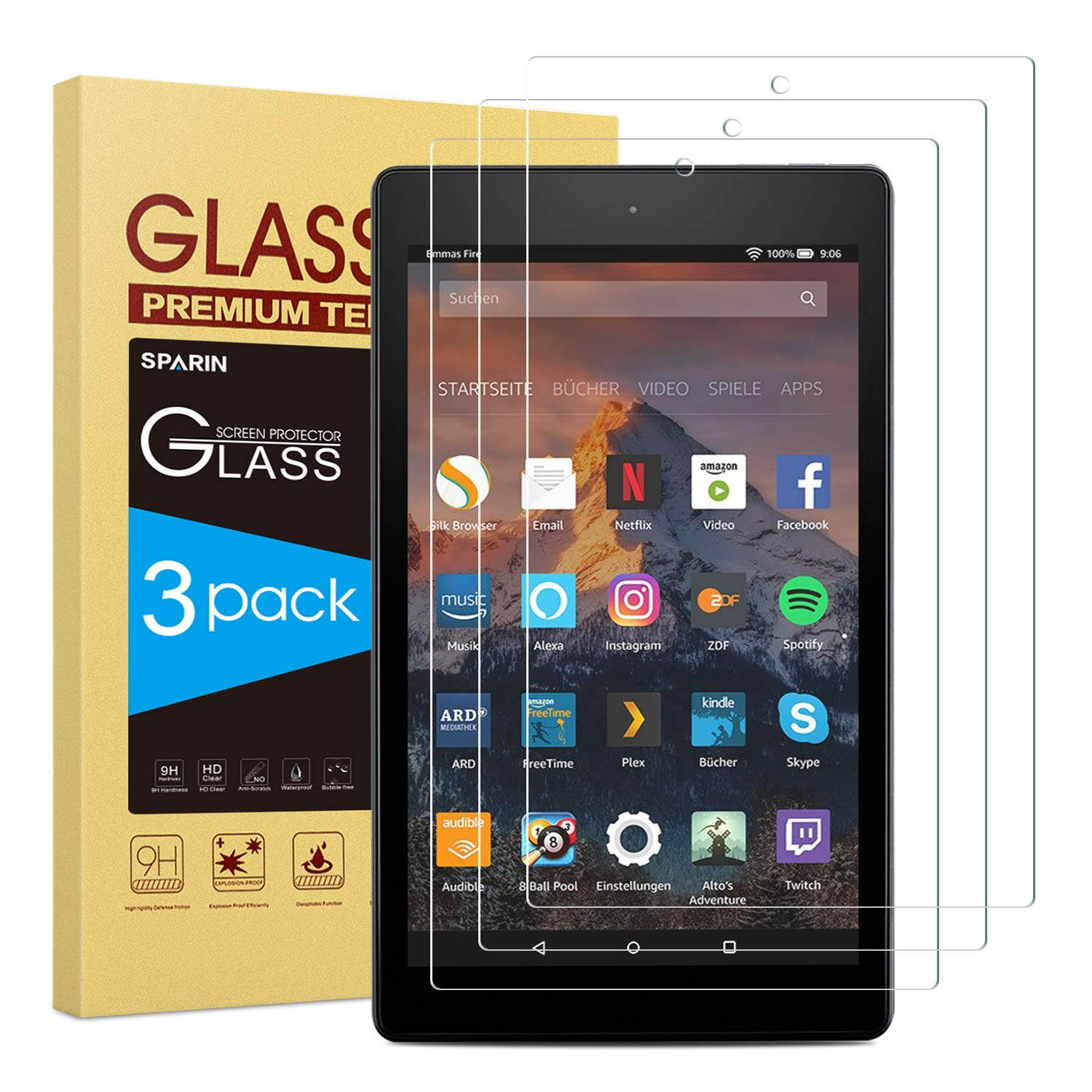 [3 PACK] Fire HD 10 Screen Protector, SPARIN Tempered Glass Screen Protector for All-New Fire HD 10 and Fire HD 10 Kids Edition (9th and 7th Generation, 2019 and 2017 Release)