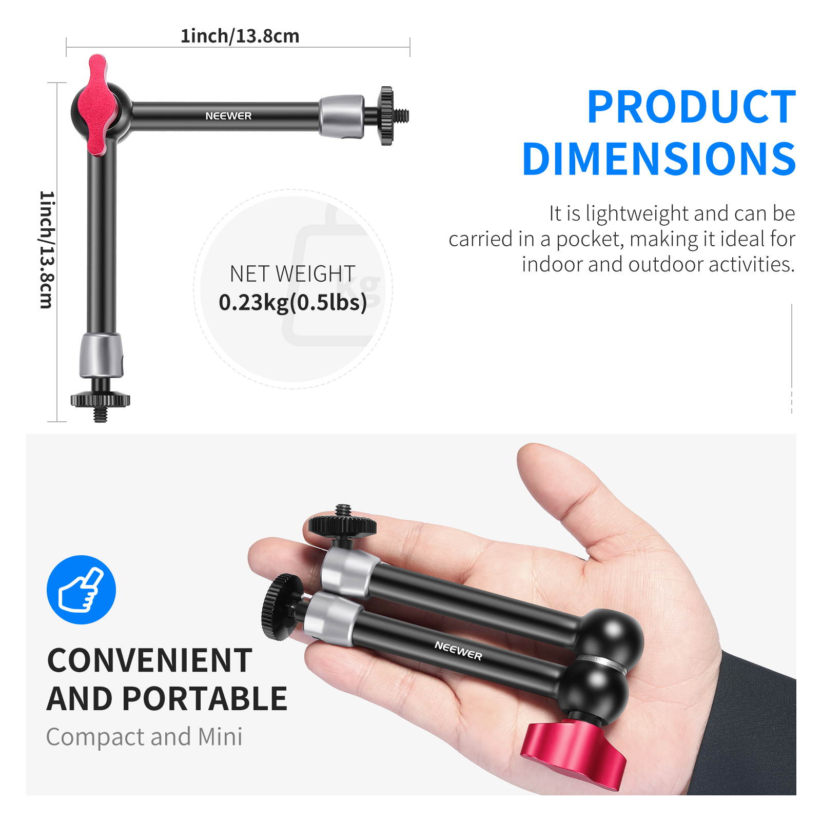 Neewer Upgraded 9.8 inches/25 centimeters Adjustable Friction Magic Arm with Both 1/4-inch Thread Screw, Compatible with Flash, LED Light, Microphone, Monitor, Cage, Super Clamp, Load up to 4.4lbs/2kg