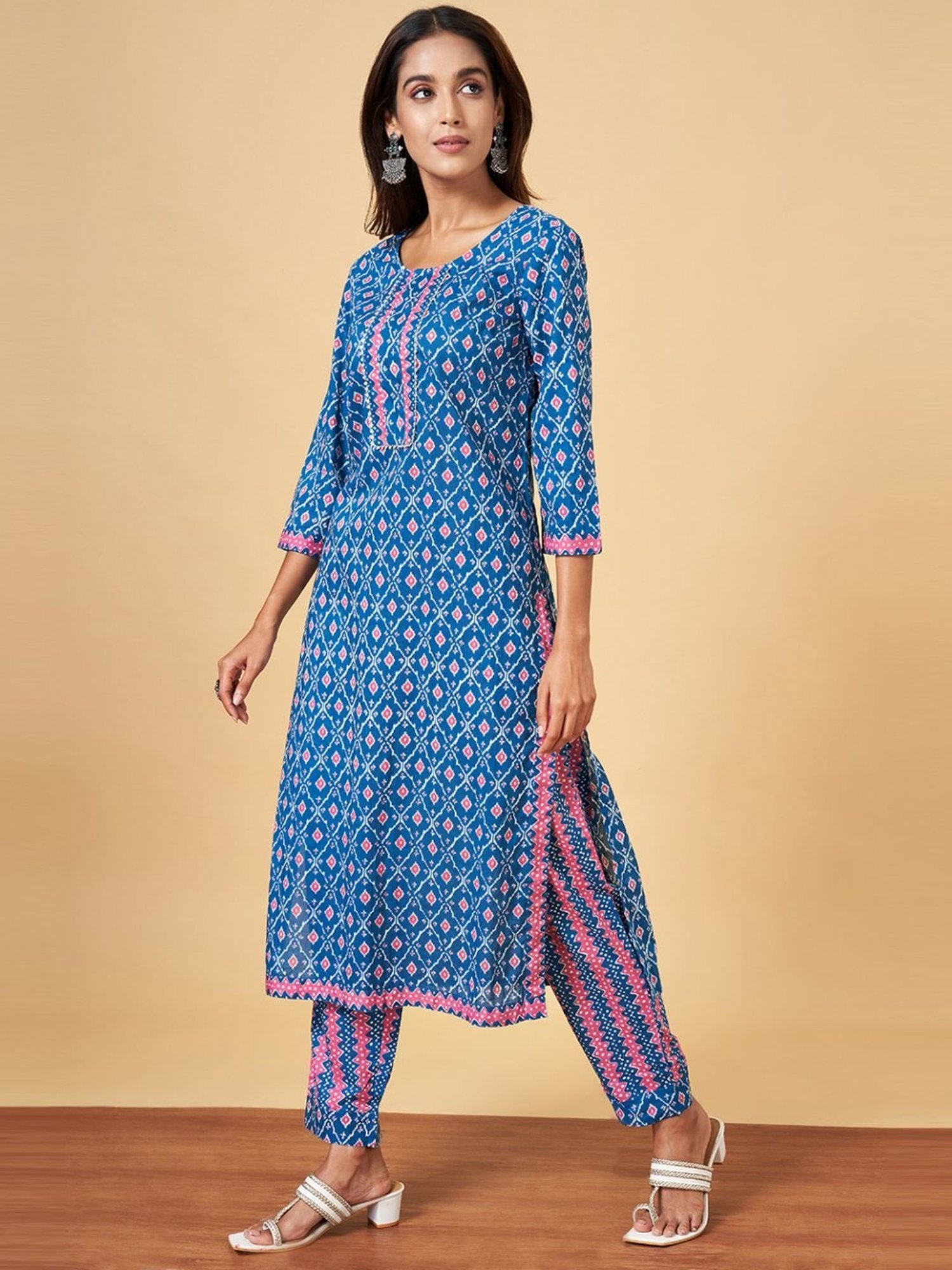 YU by Pantaloons Blue Cotton Printed Kurta Pant Set With Dupatta