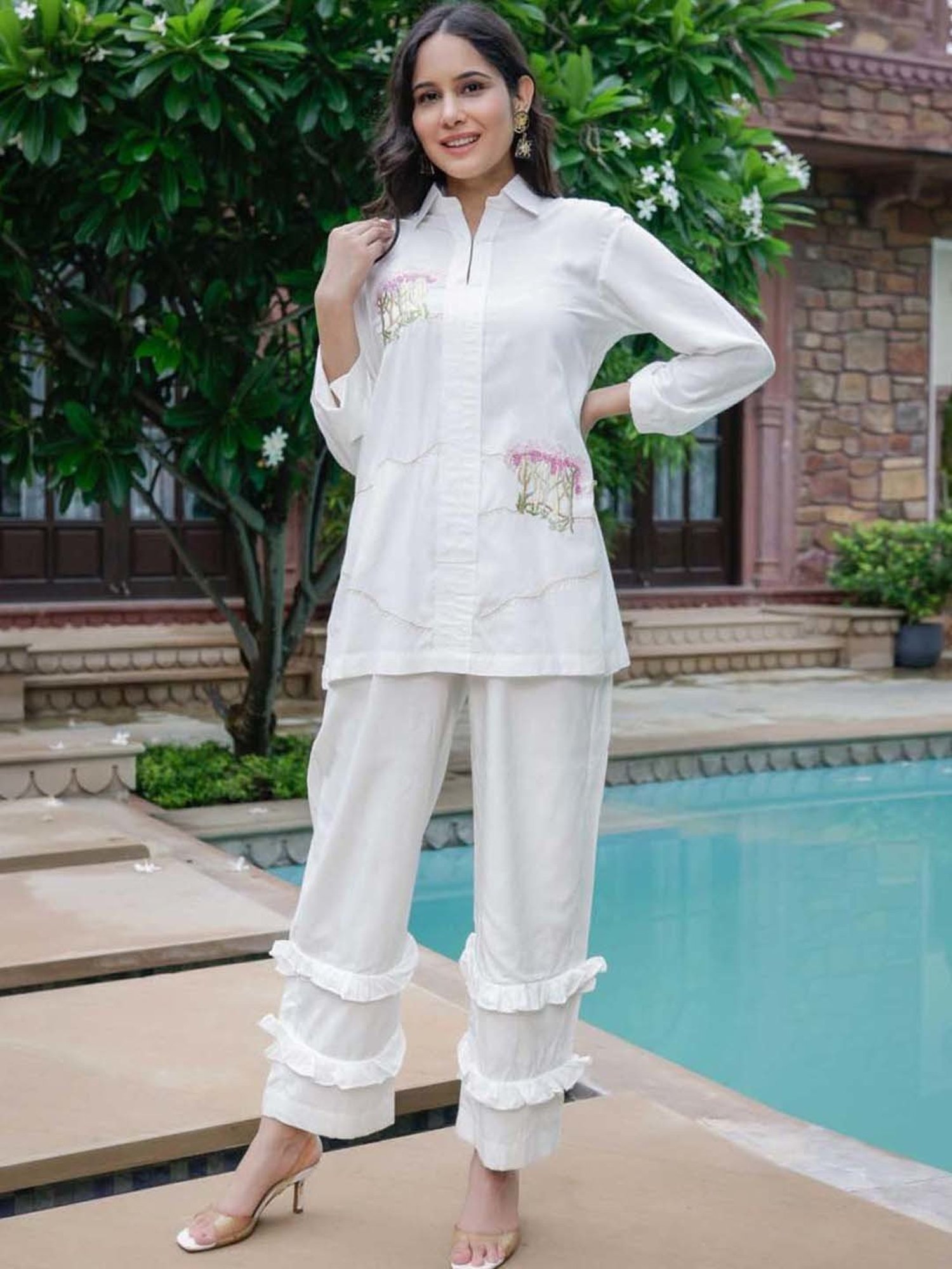 Artagai Midnight Navy Elevated Basics Co-Ord Set With Notch Collar Top And Straight Pants