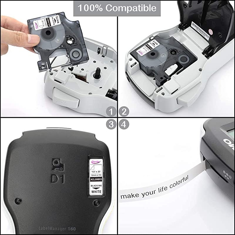 Compatible Label Tape Replacement for DYMO 45013 45010 45016 45017 45018 45019 Label Maker Tape Work with DYMO 160 280 PnP 360D 210D Labeler 047 Inch 12mm Width 23 Feet Length 6Pack