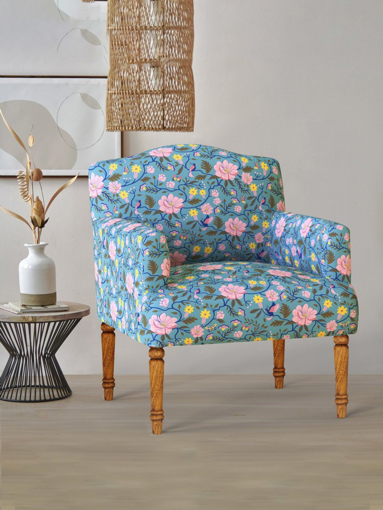 Chumbak Nawaab Spring Bloom Floral Blue Wood Arm Chair