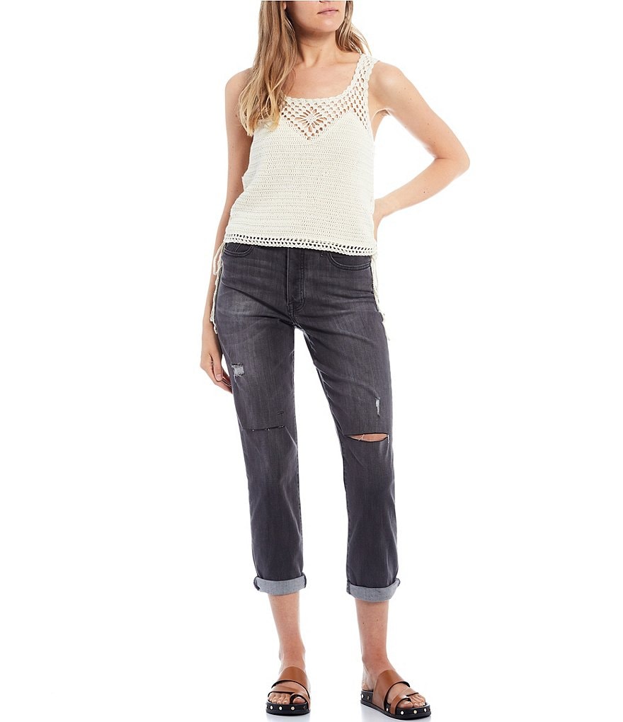 Say What Sleeveless Ruched-Side Crochet Knit Tank Top