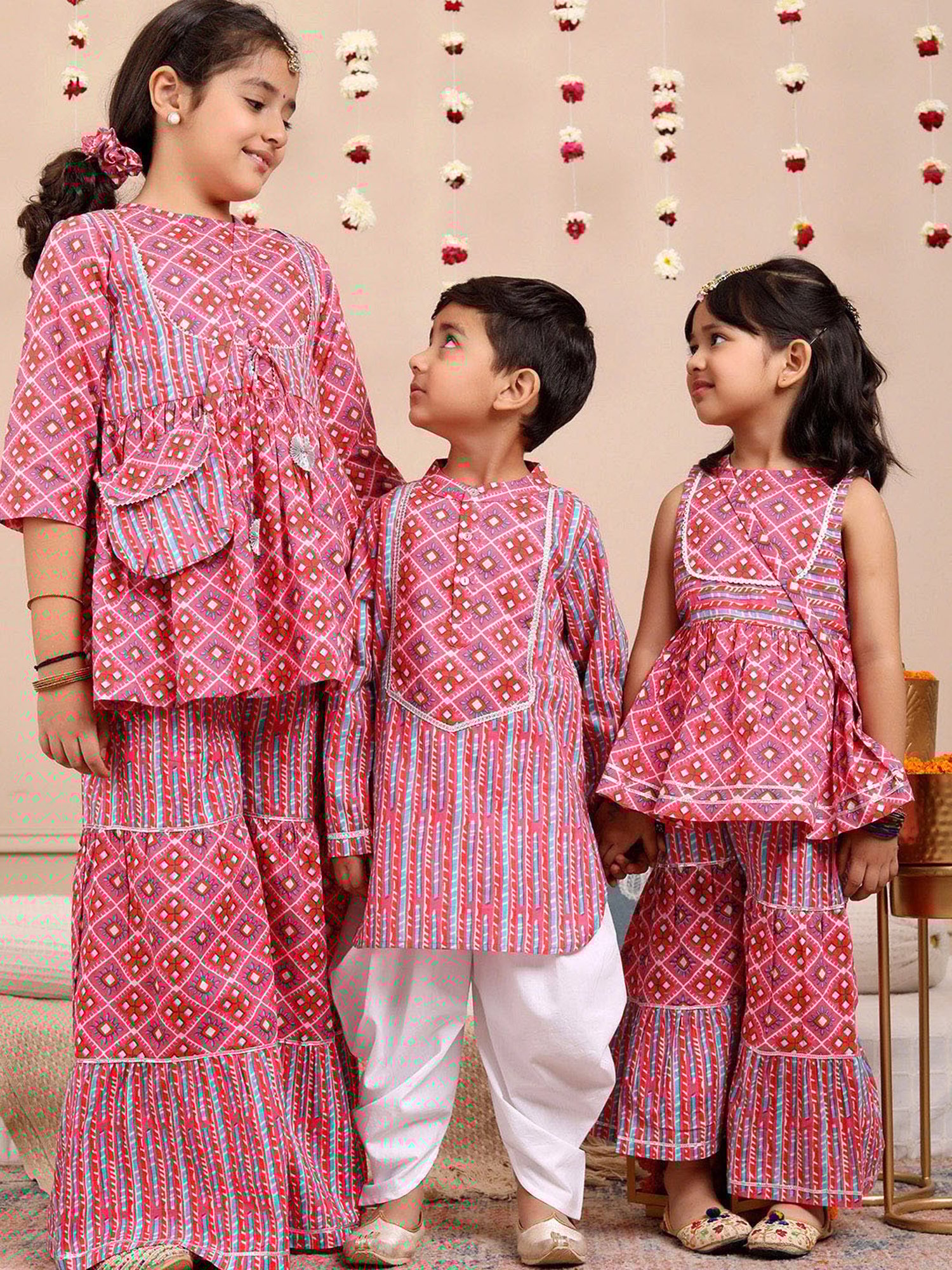 Budding Bees Girls Pink Printed Top, Sharara with Sling Bag