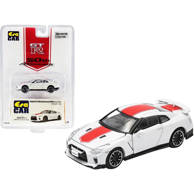 Nissan GT-R (RHD) Pearl White with Red Stripe "50th Anniversary Edition" Ltd Ed 1200 pcs 1/64 Diecast Model Car by Era Car